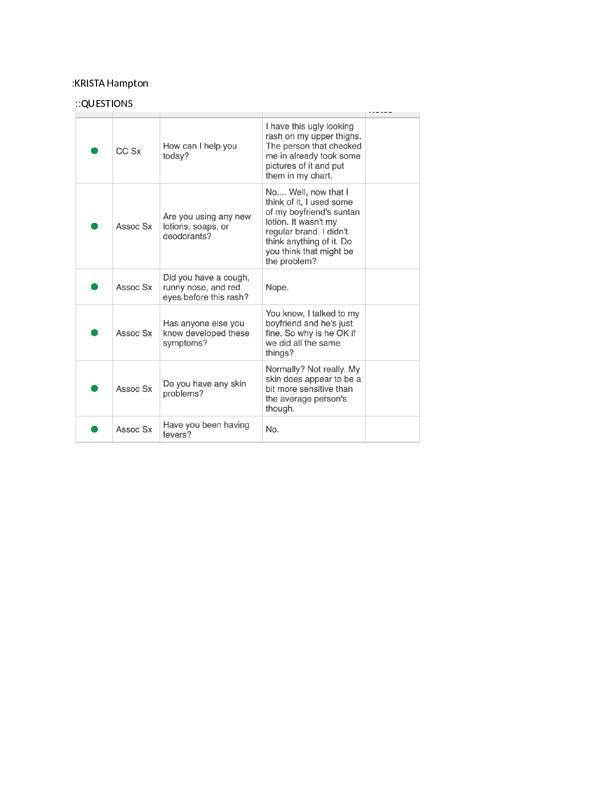 Preview of iHuman Case Study - KRISTA Hampton - CC:  Allergic dermatitis (?Skin)