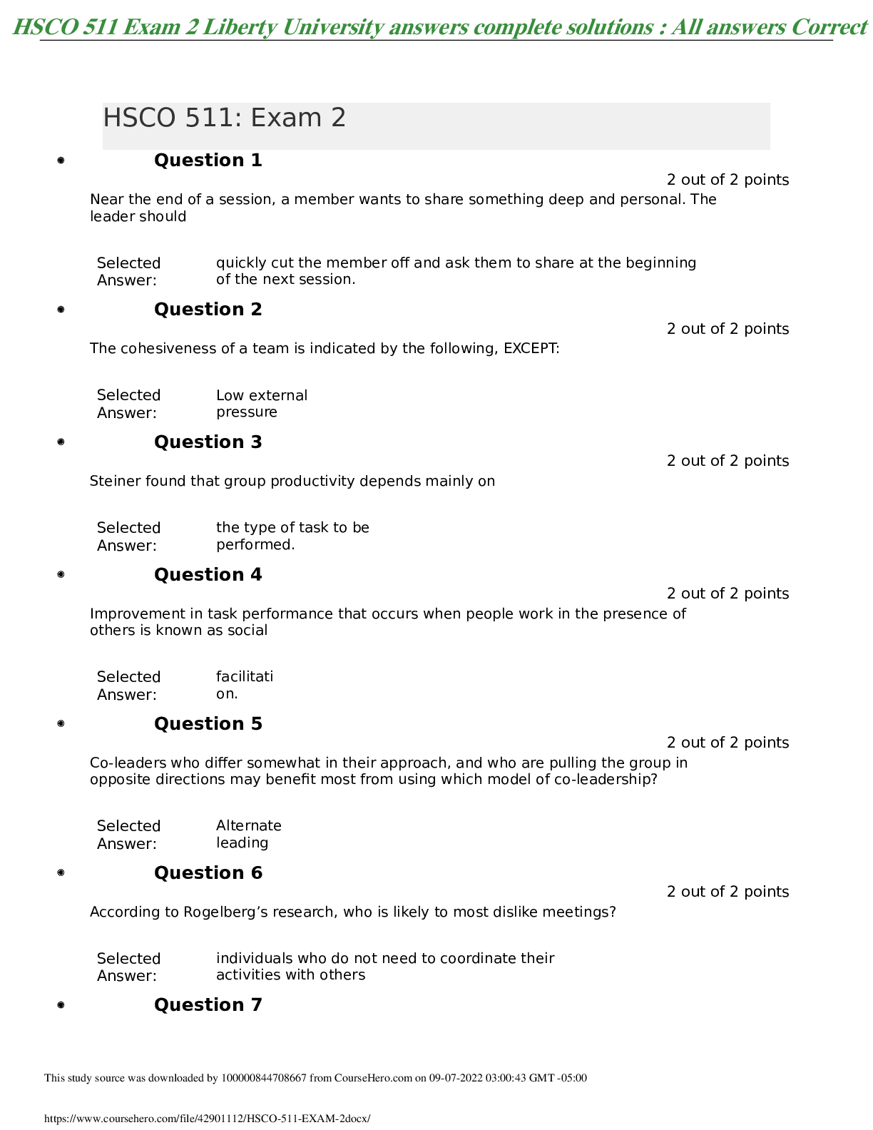 Preview of HSCO 511 Exam 2   With complete solutions  - Liberty University