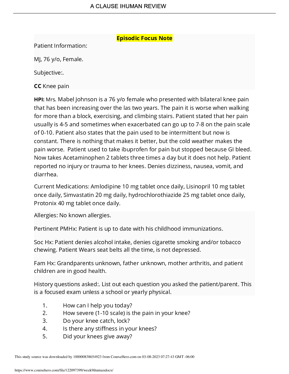 Preview of NURS 3020 week 9 ihuman Episodic Focus Note,100% CORRECT