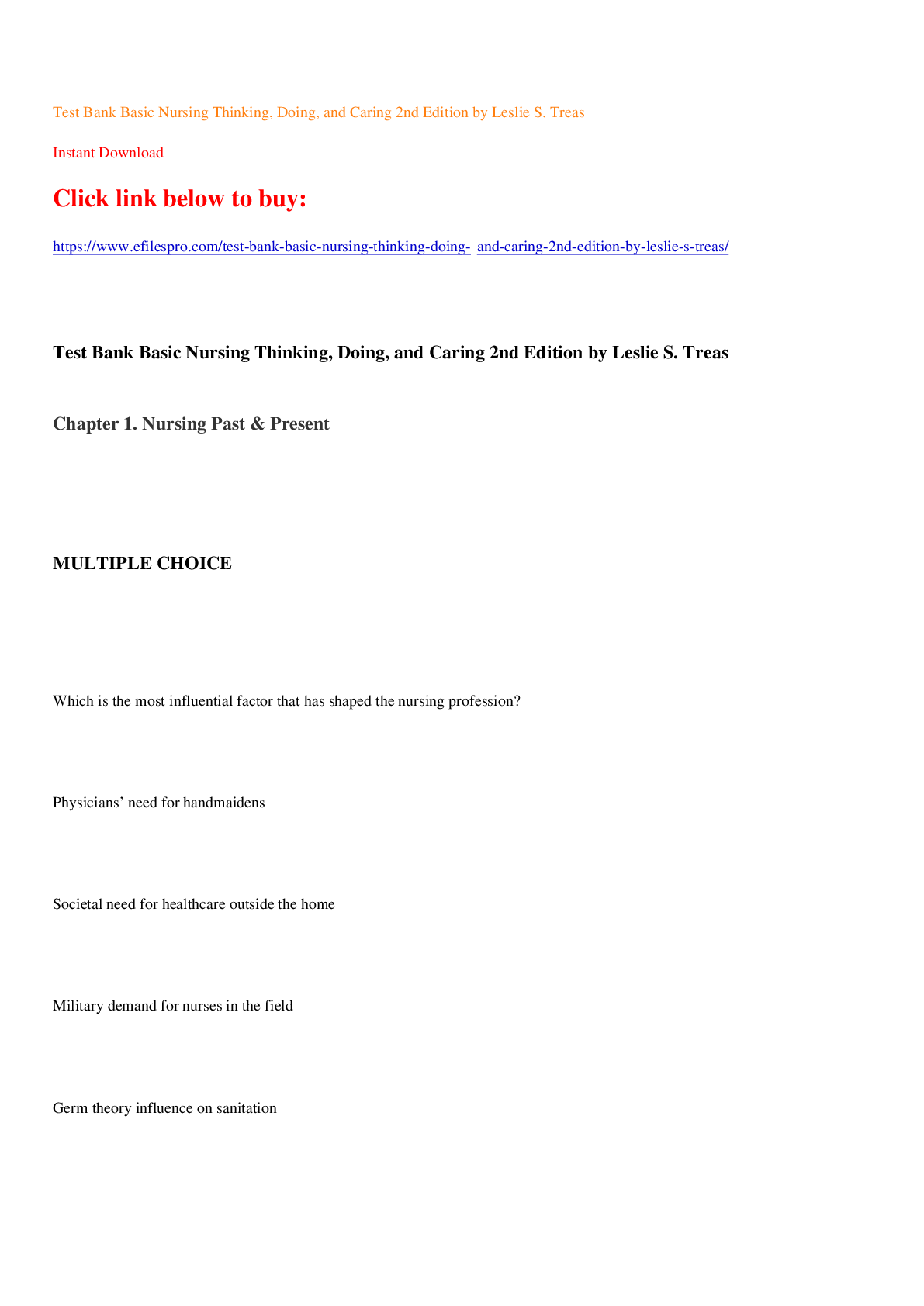 Preview image for Test Bank Basic Nursing Thinking, Doing, and  Caring 2nd Edition by Leslie S. Treas