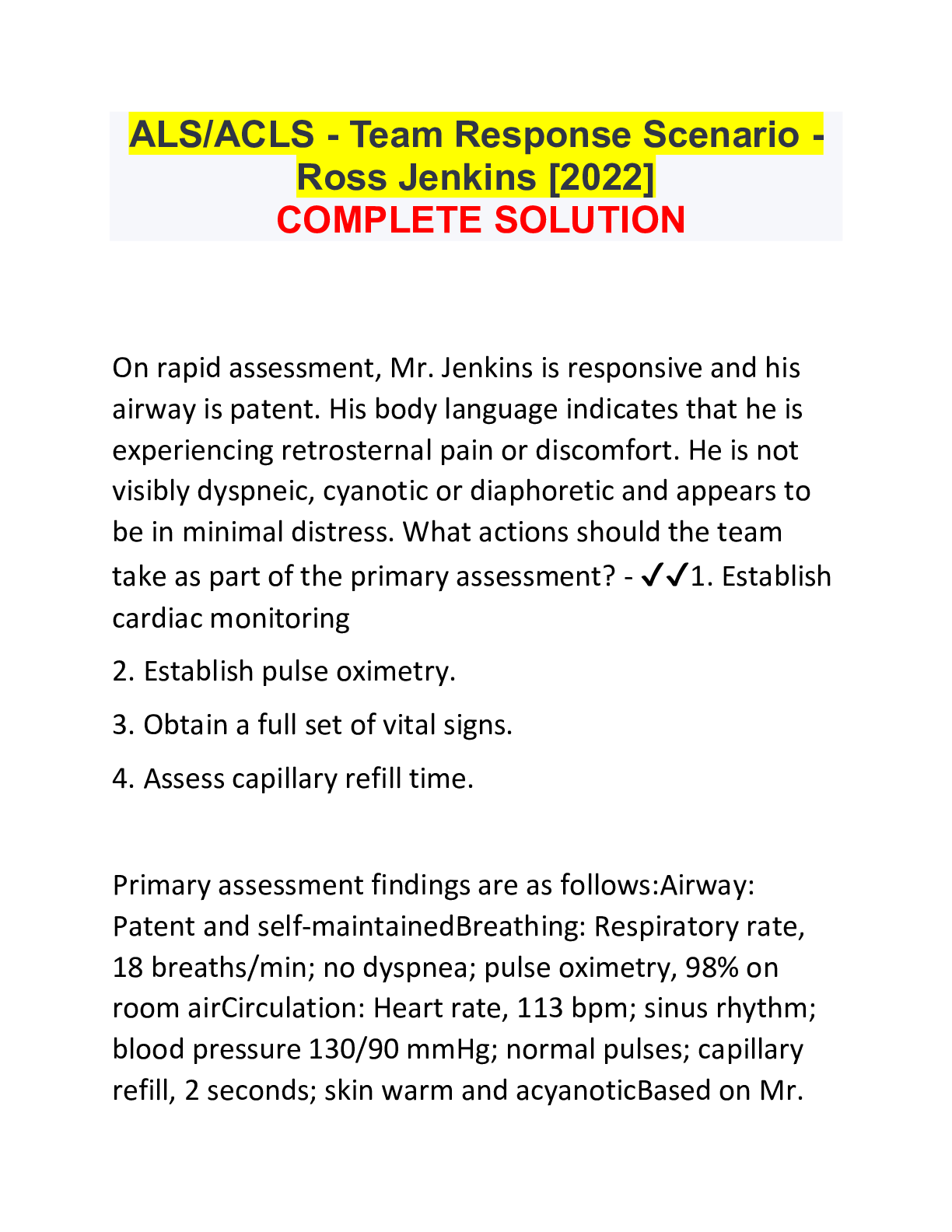 Preview of ALS/ACLS - Team Response Scenario - Ross Jenkins [2022] COMPLETE SOLUTION