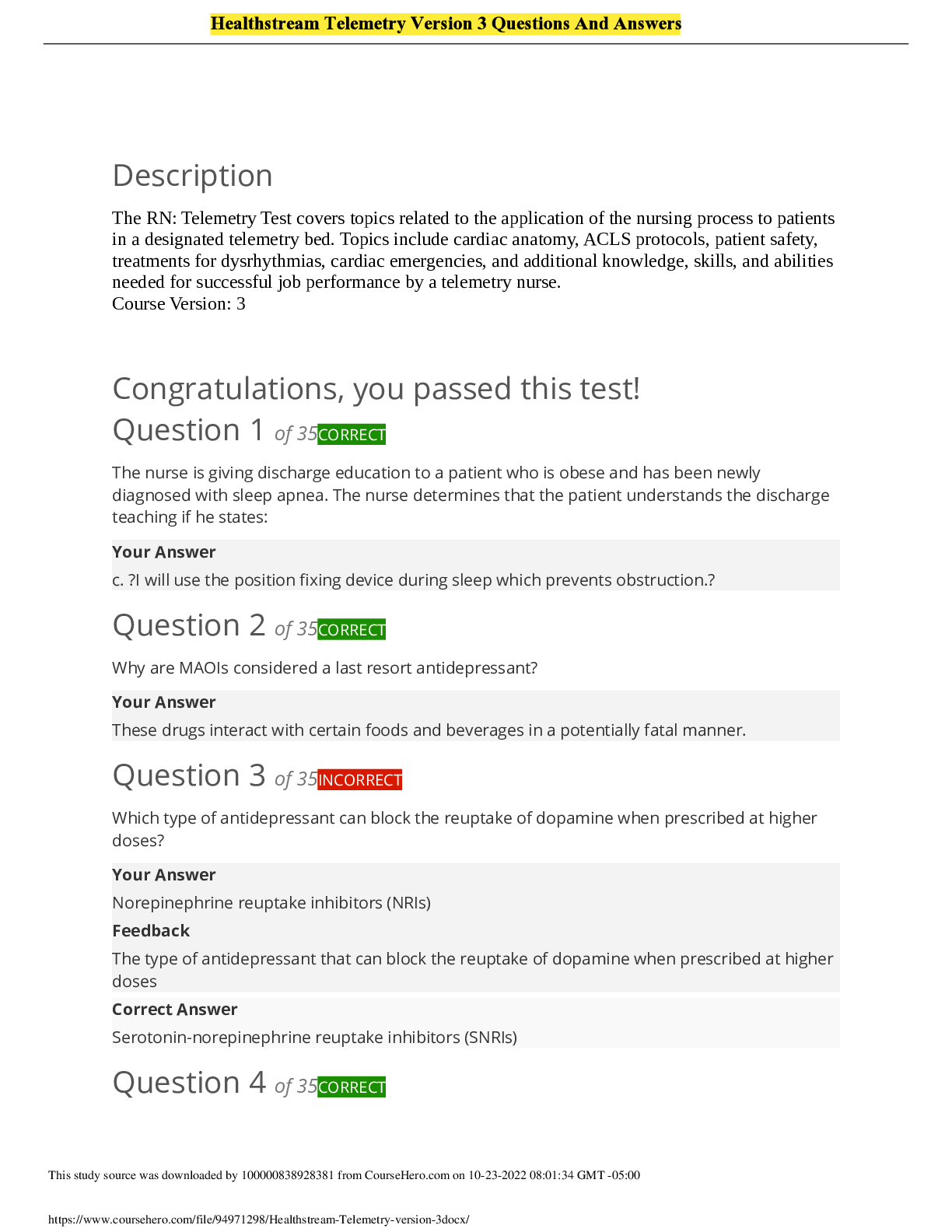 Preview of Healthstream Telemetry Version 3 Questions And Answers