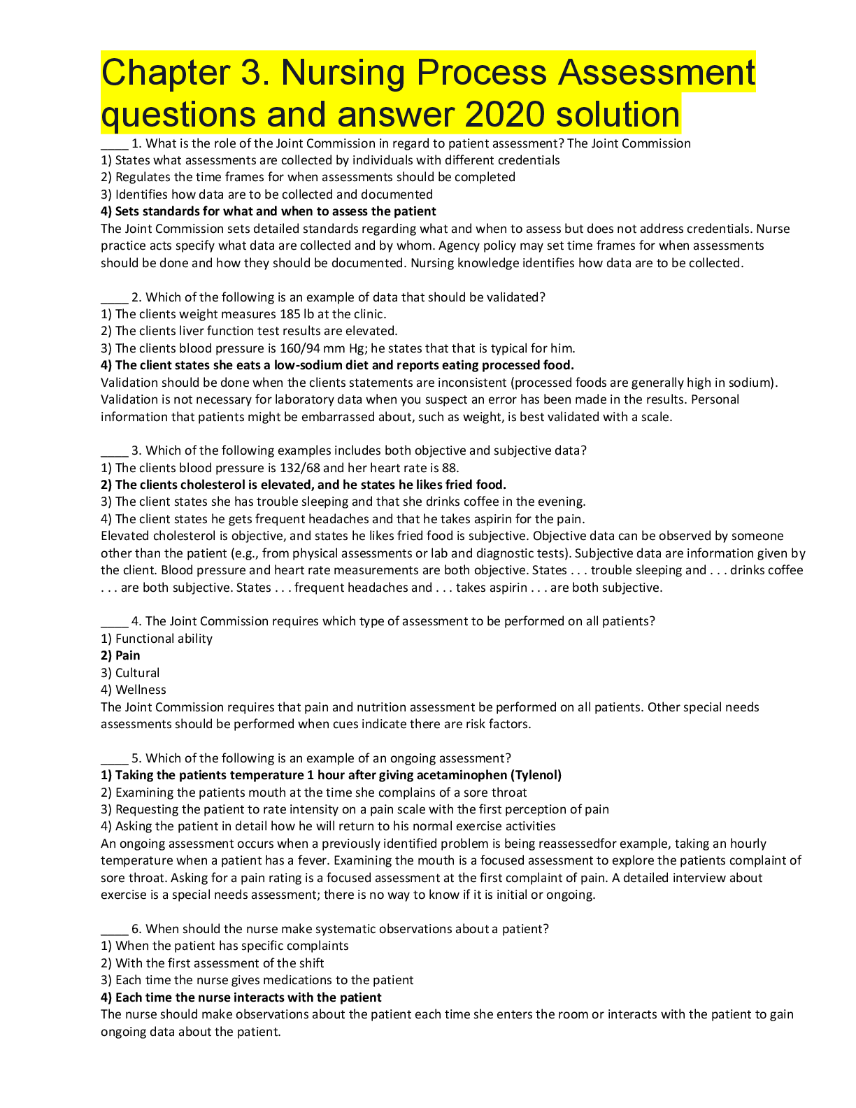 Preview of Nursing Process Assessment questions and answers