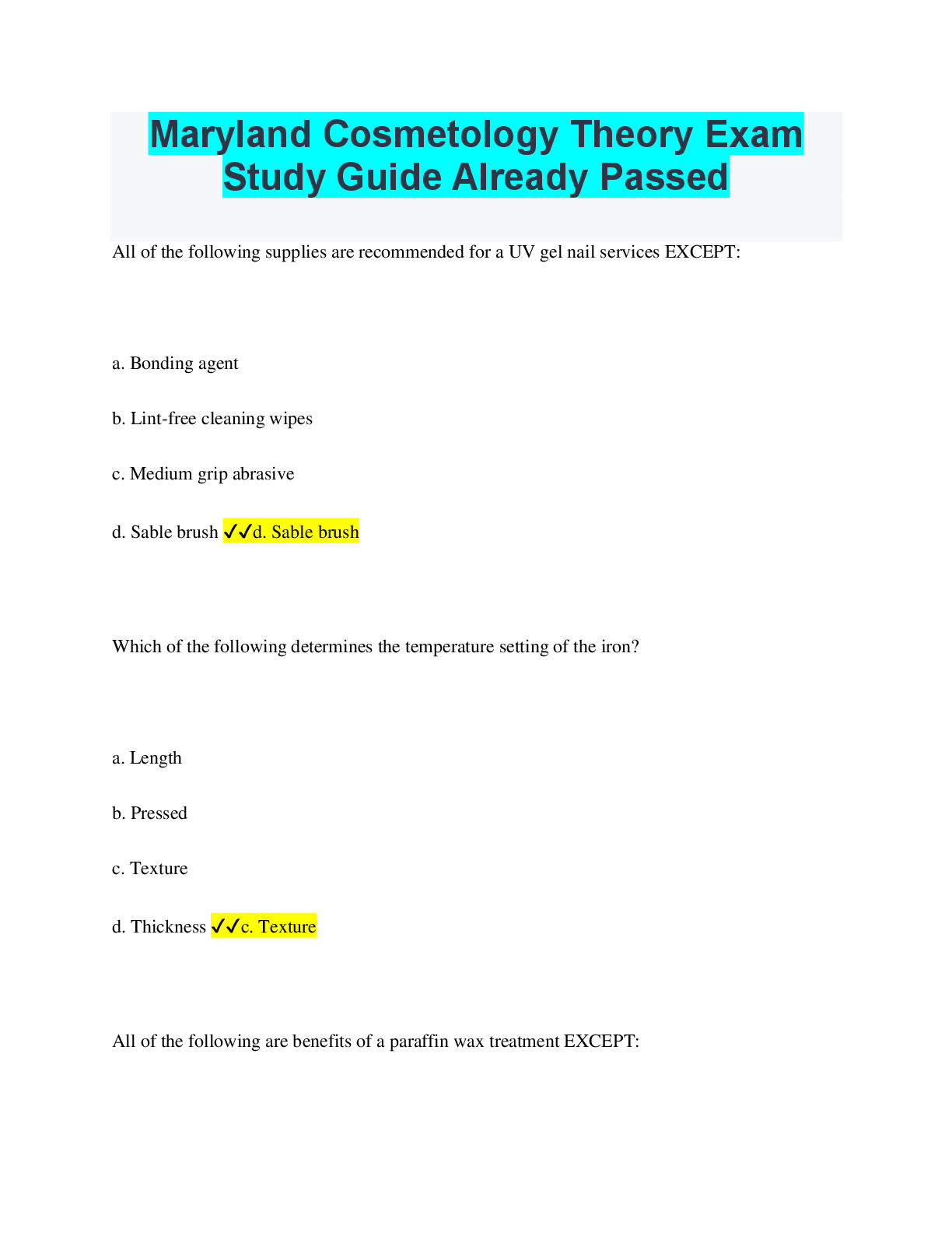 Preview of Maryland State Board of Cosmetology  Practice Exam 1 Already Passed