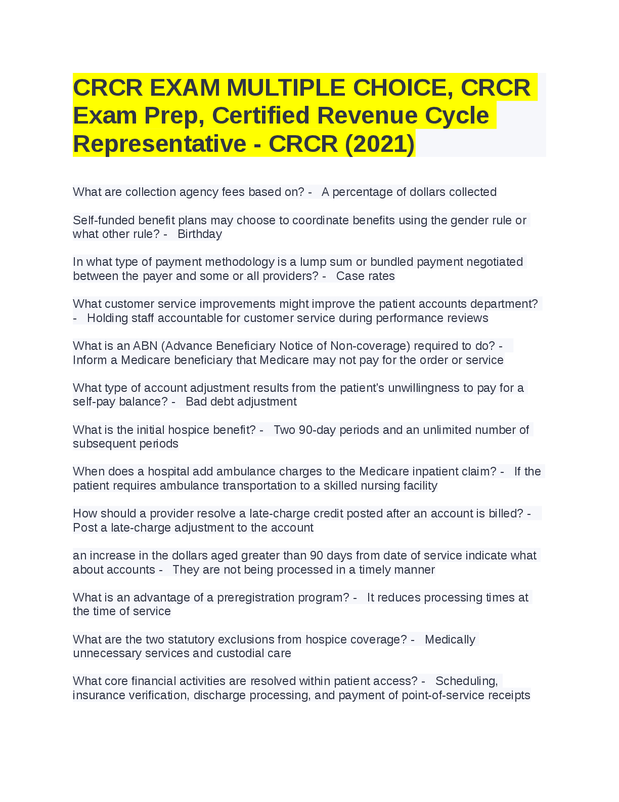 Preview of CRCR EXAM MULTIPLE CHOICE CRCR Exam Prep Certified Revenue Cycle Representative