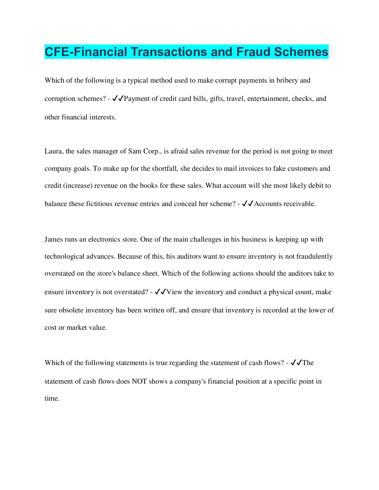 Preview image for CFE-Financial Transactions and Fraud Schemes | 170 Questions with 100% Correct Answers | Verified |25 Pages