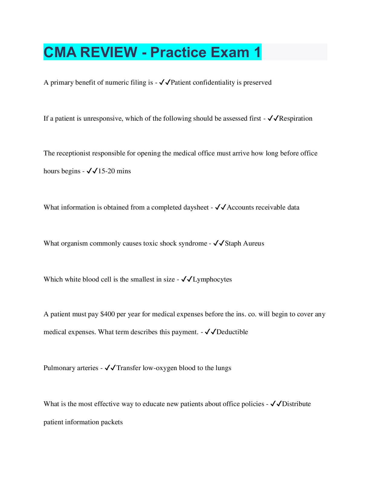 Preview image for CMA REVIEW - Practice Exam 1 | 180 Questions with 100% Correct Answers | Verified | 23 Pages