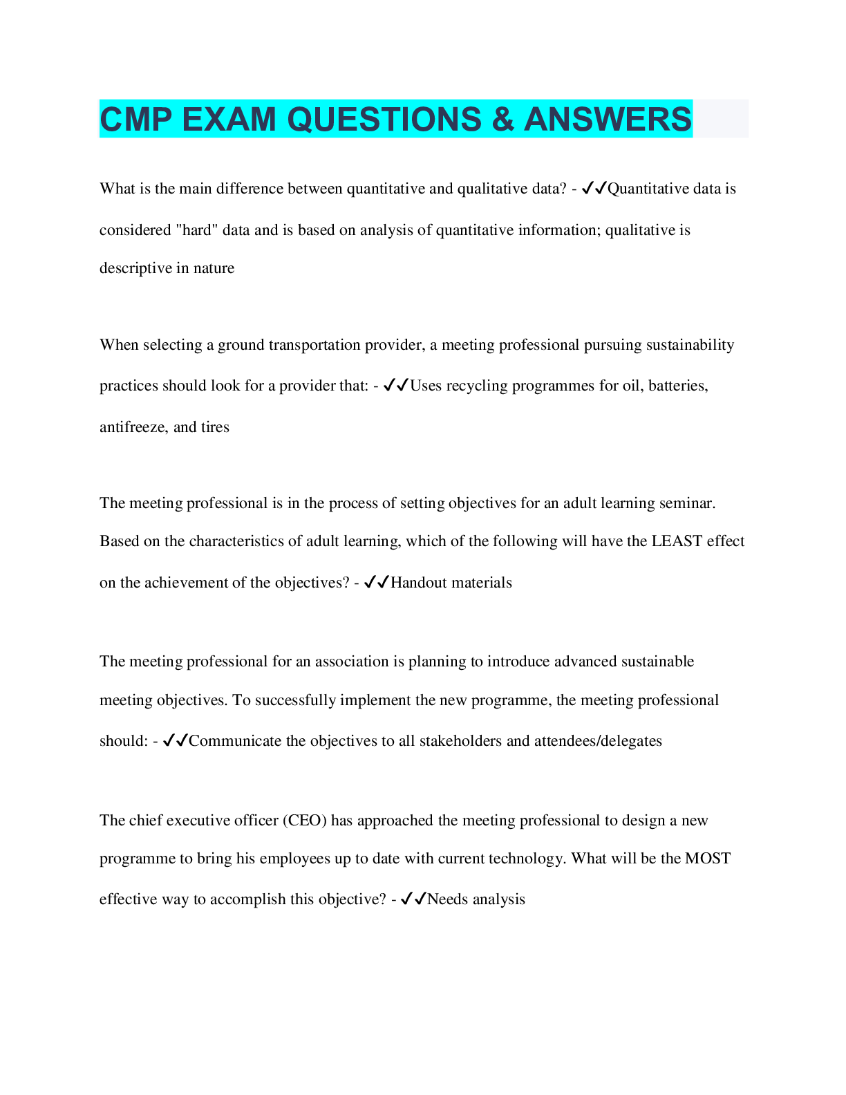 Preview image for CMP EXAM QUESTIONS & ANSWERS | 225 Questions with 100% Correct Answers | Verified | 38 Pages
