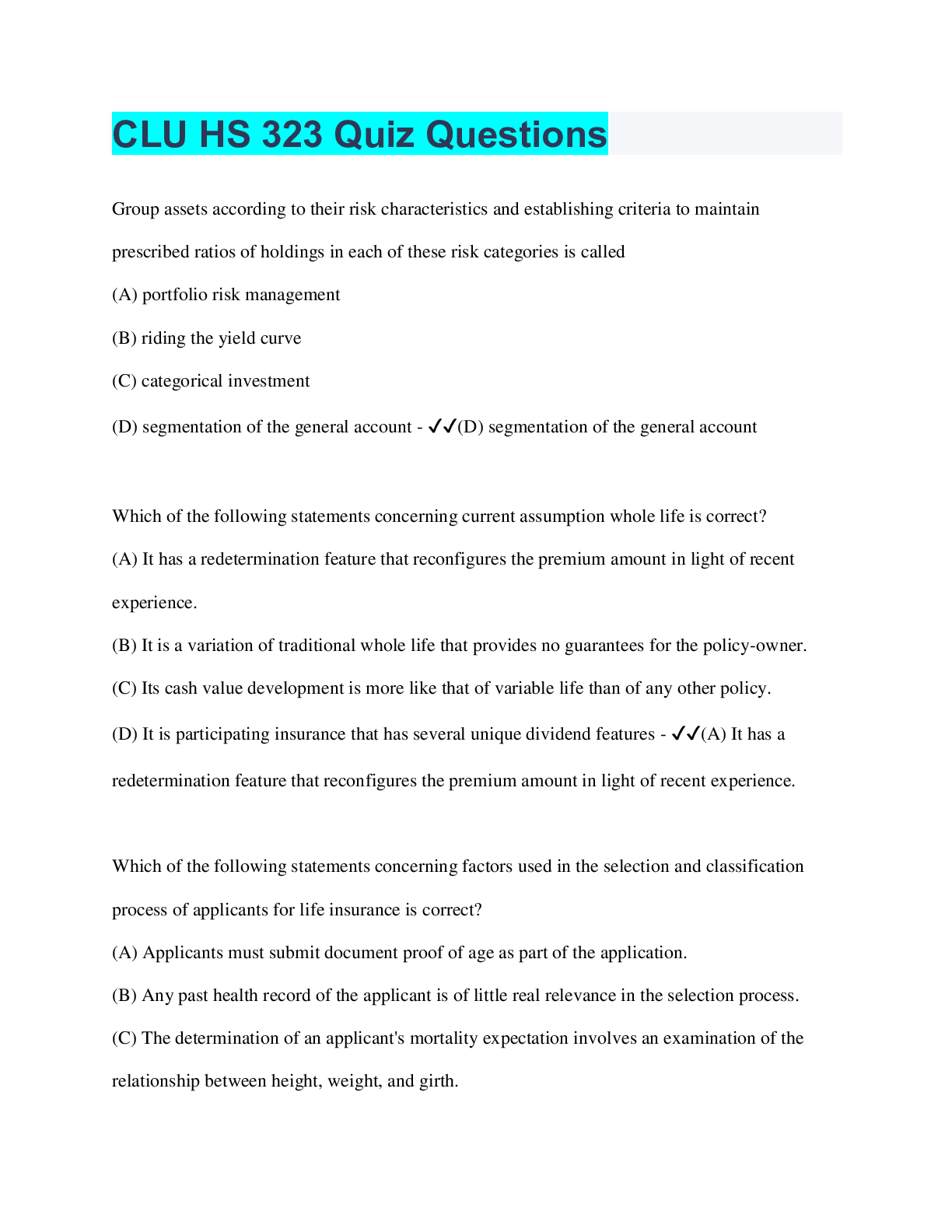 Preview of CLU HS 323 Quiz Questions | Questions with 100% Correct Answers | Verified
