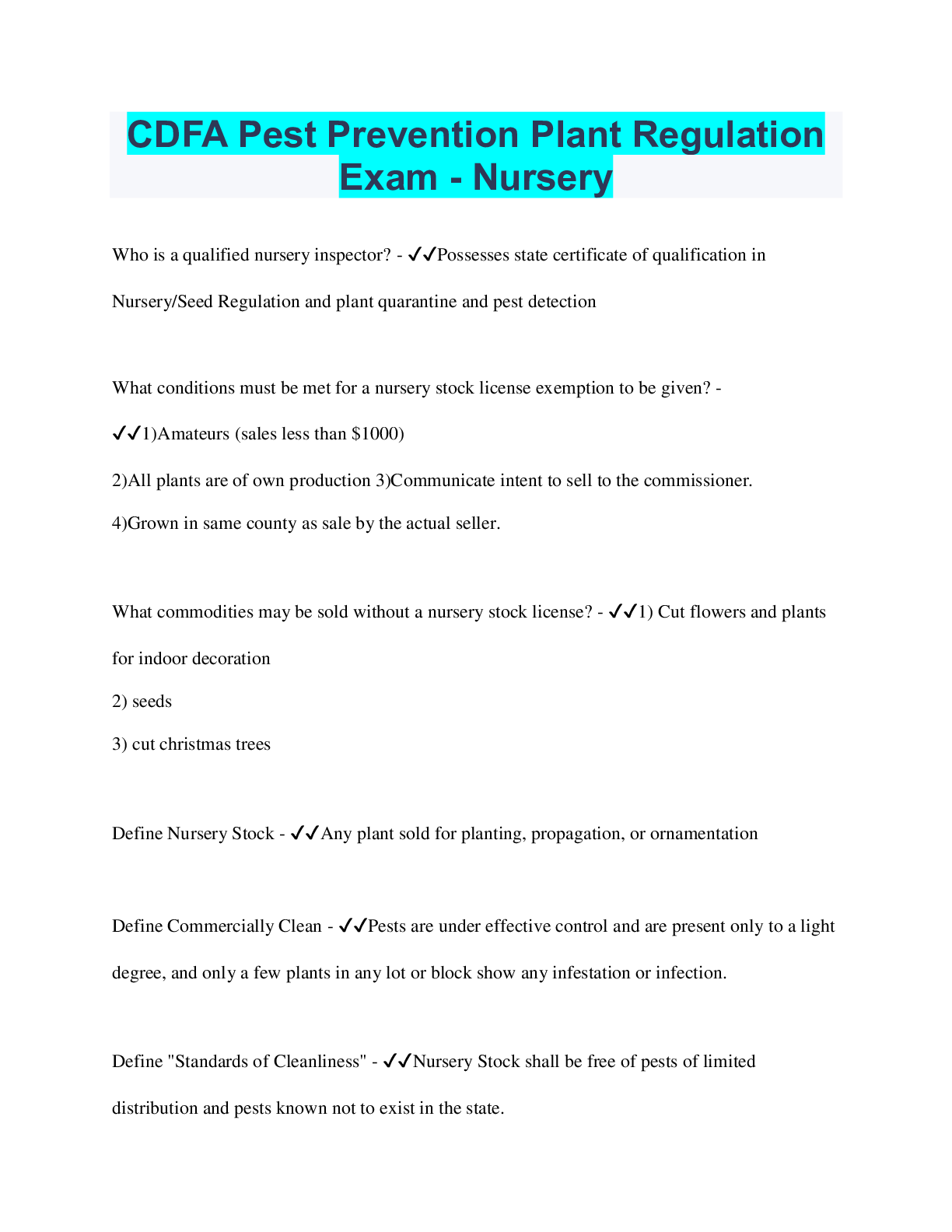 Preview of CDFA Pest Prevention Plant Regulation Exam - Nursery | Questions with 100% Correct Answers