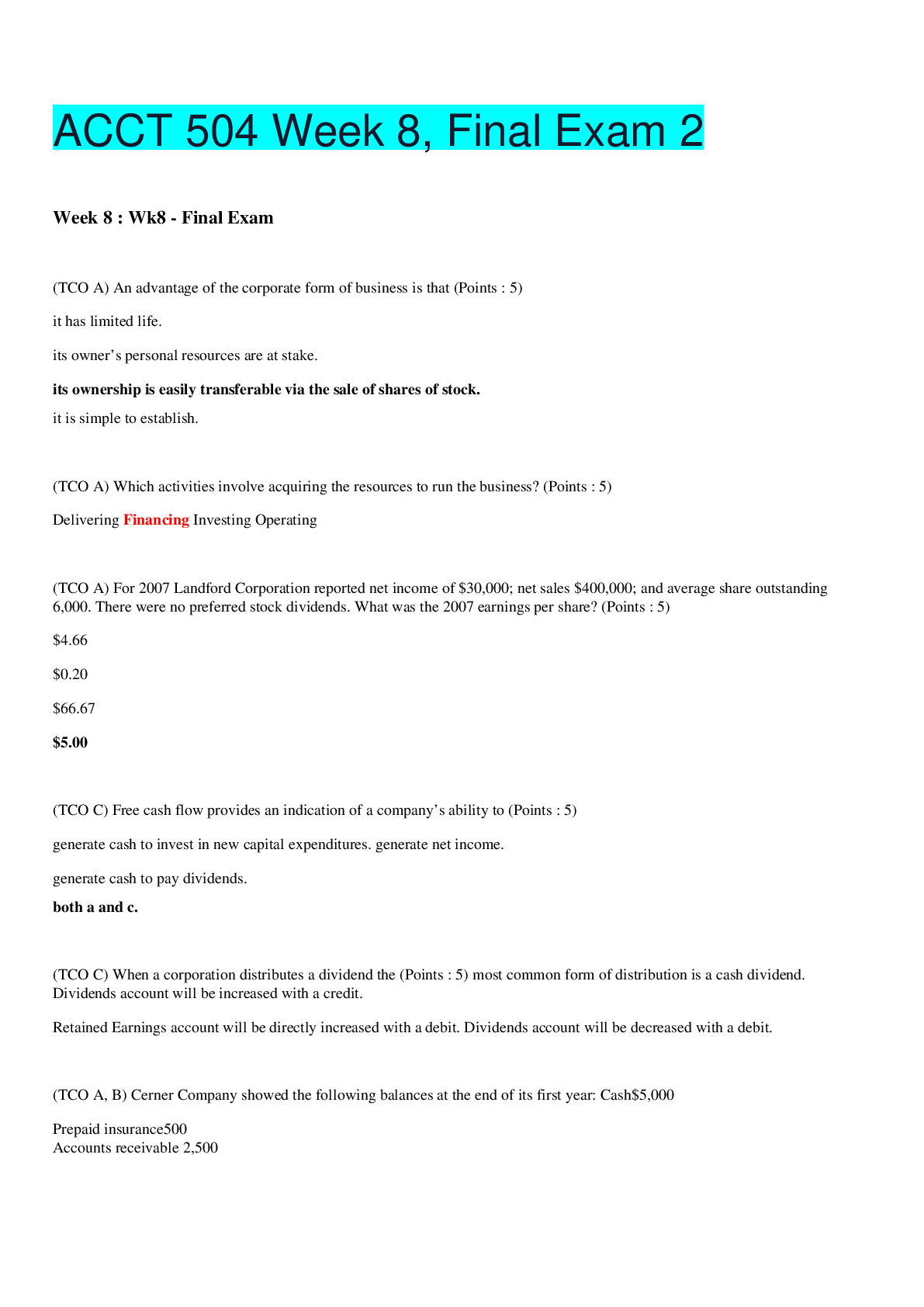 Preview image for ACCT 504 Week 8, Final Exam 2