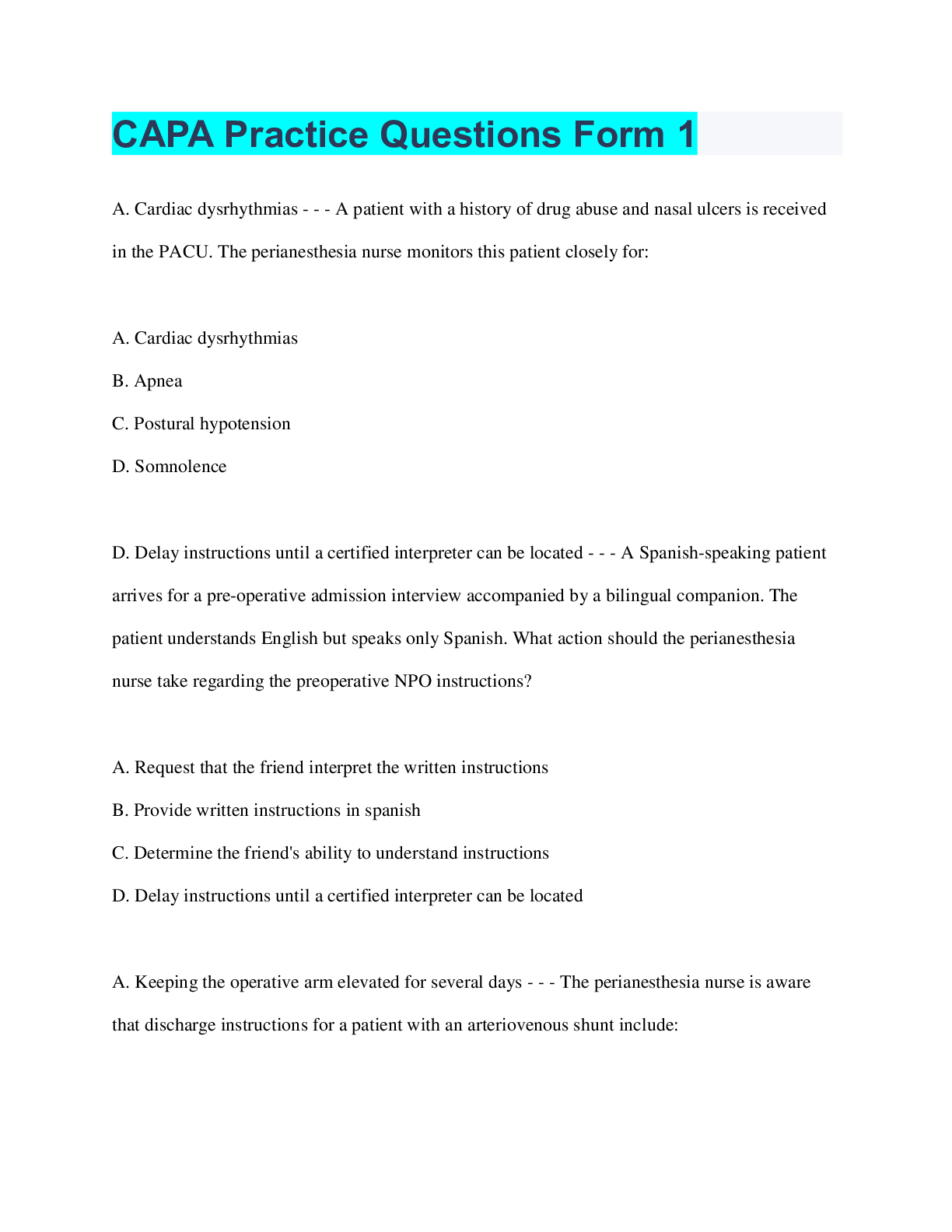 Preview image for CAPA Practice Questions Form 1 | 50 Questions with 100% Correct Answers | Verified | 20 Pages