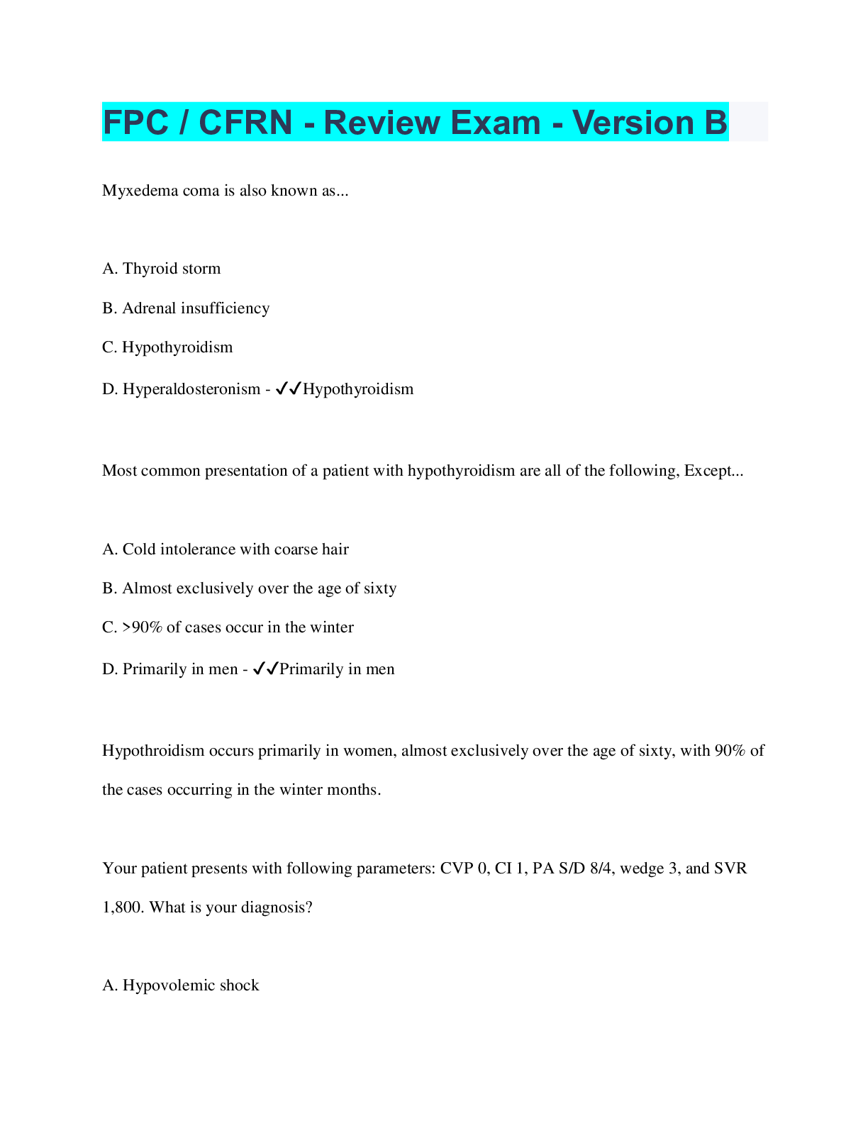Preview of FPC / CFRN - Review Exam - Version B | 137 Questions with 100% Correct Answers | Verified | 64 Pages