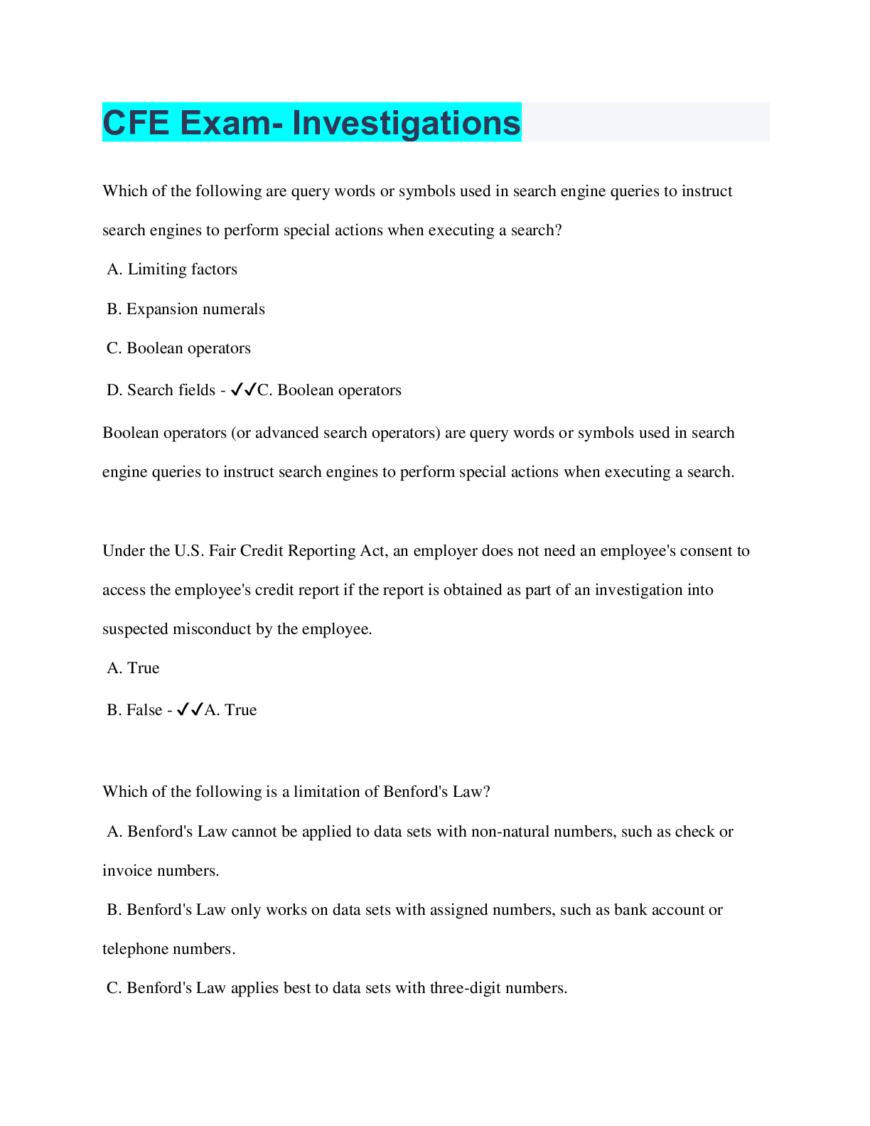 Preview image for CFE Exam- Investigations | 68 Questions with 100% Correct Answers | Verified | 24 Pages