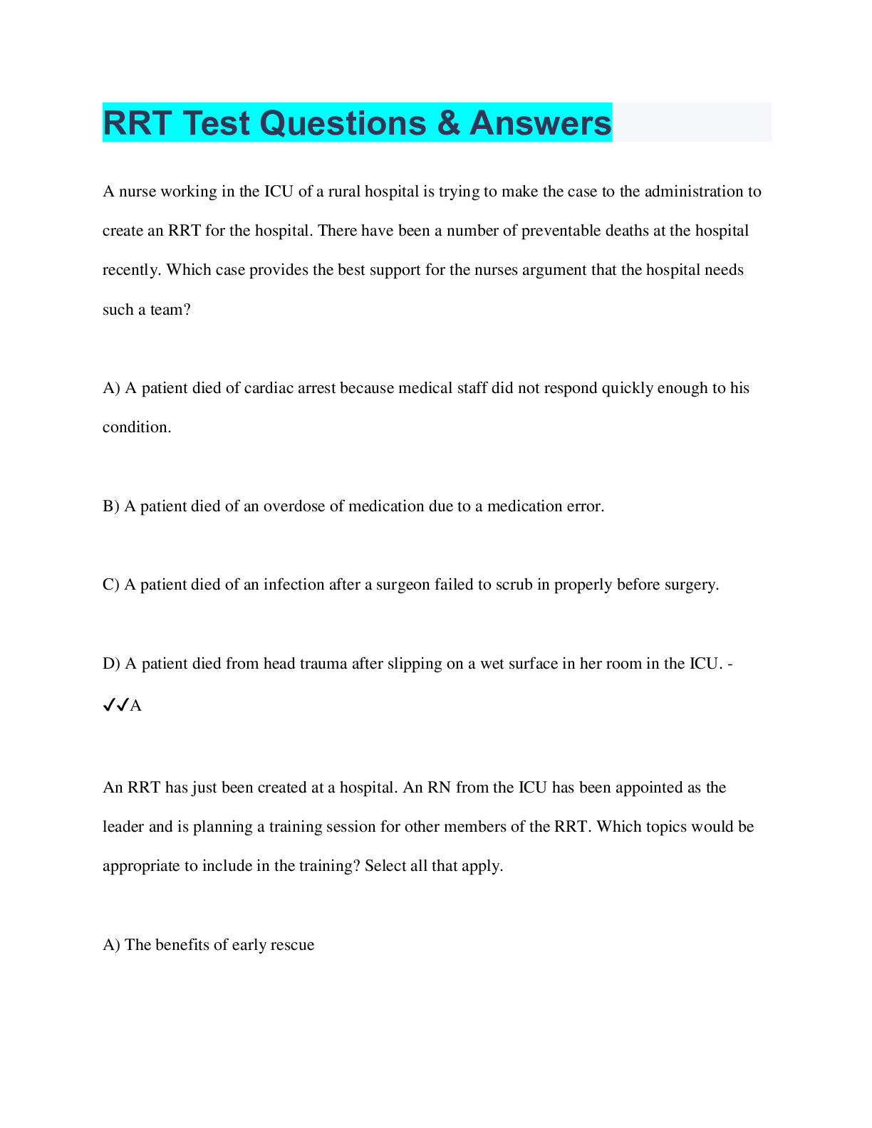Preview image for RRT Test Questions & Answers | Questions with 100% Correct Answers | Verified