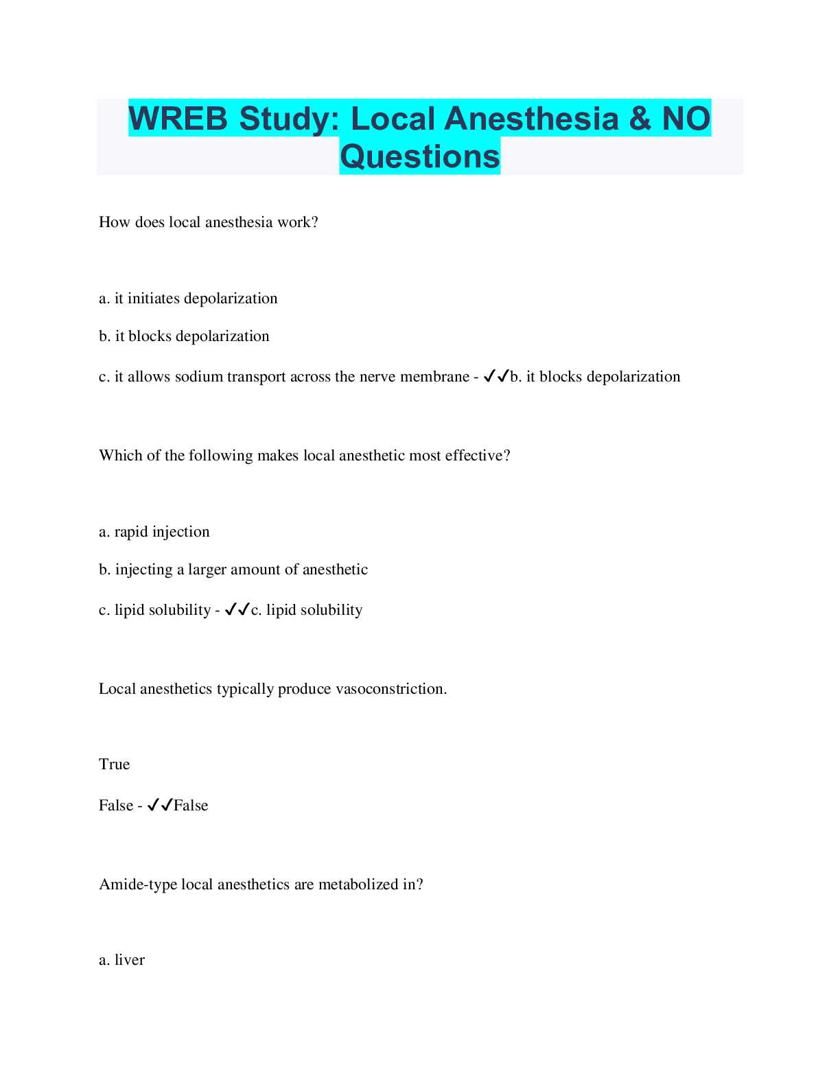 Preview image for WREB Study: Local Anesthesia & NO Questions | 111 Questions with 100% Correct Answers | Verified | 37 Pages