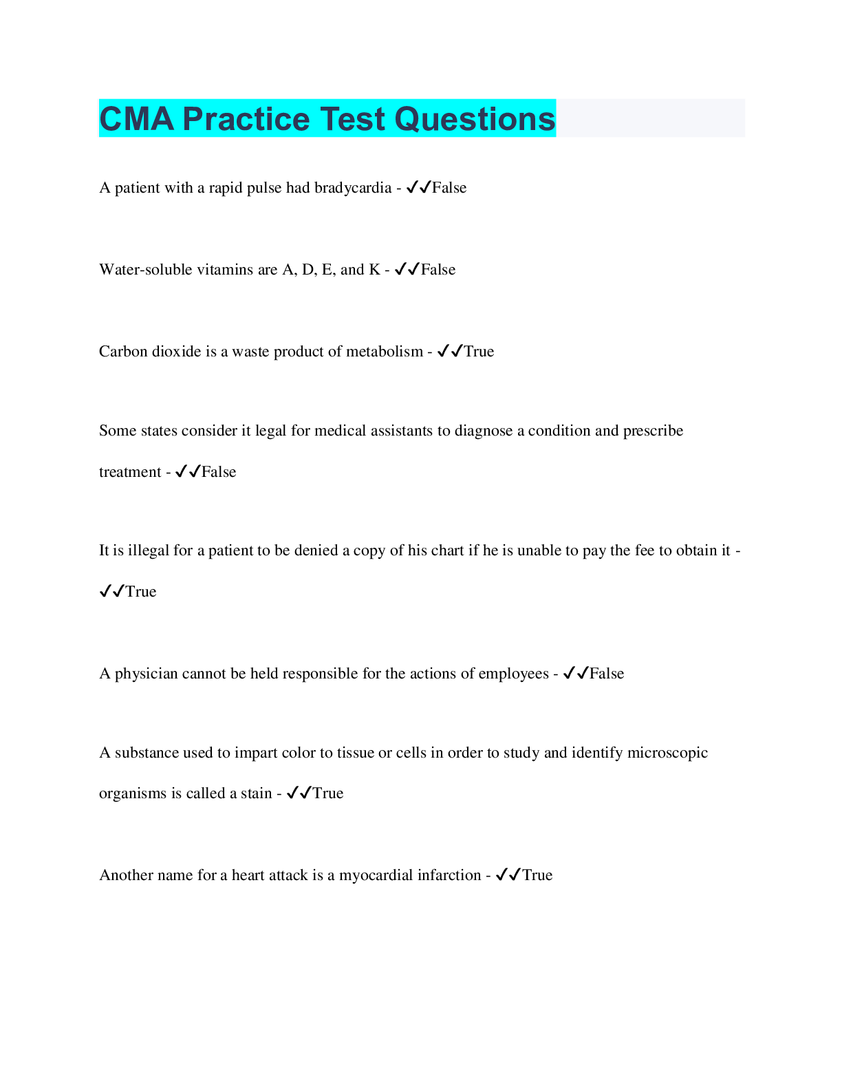 Preview image for CMA Practice Test Questions | 200 Questions with 100% Correct Answers | Verified | 22 Pages