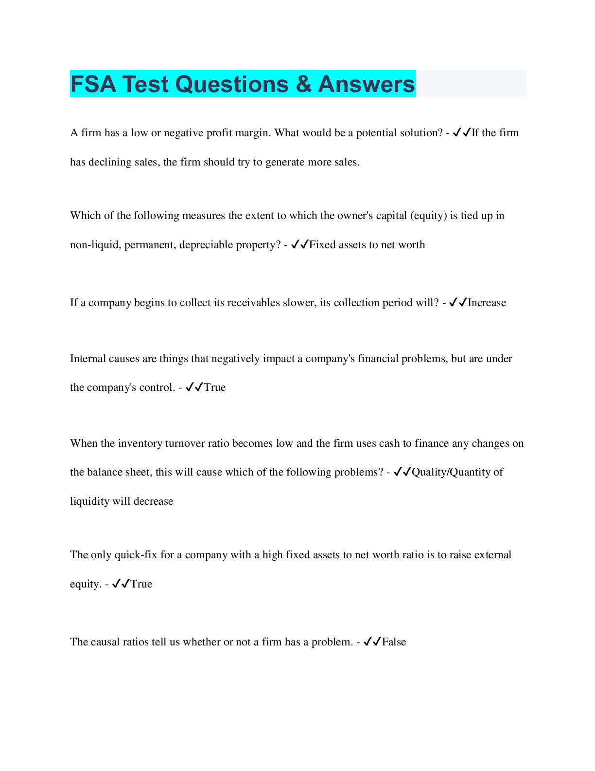 Preview image for FSA Test Questions & Answers | Questions with 100% Correct Answers | Verified