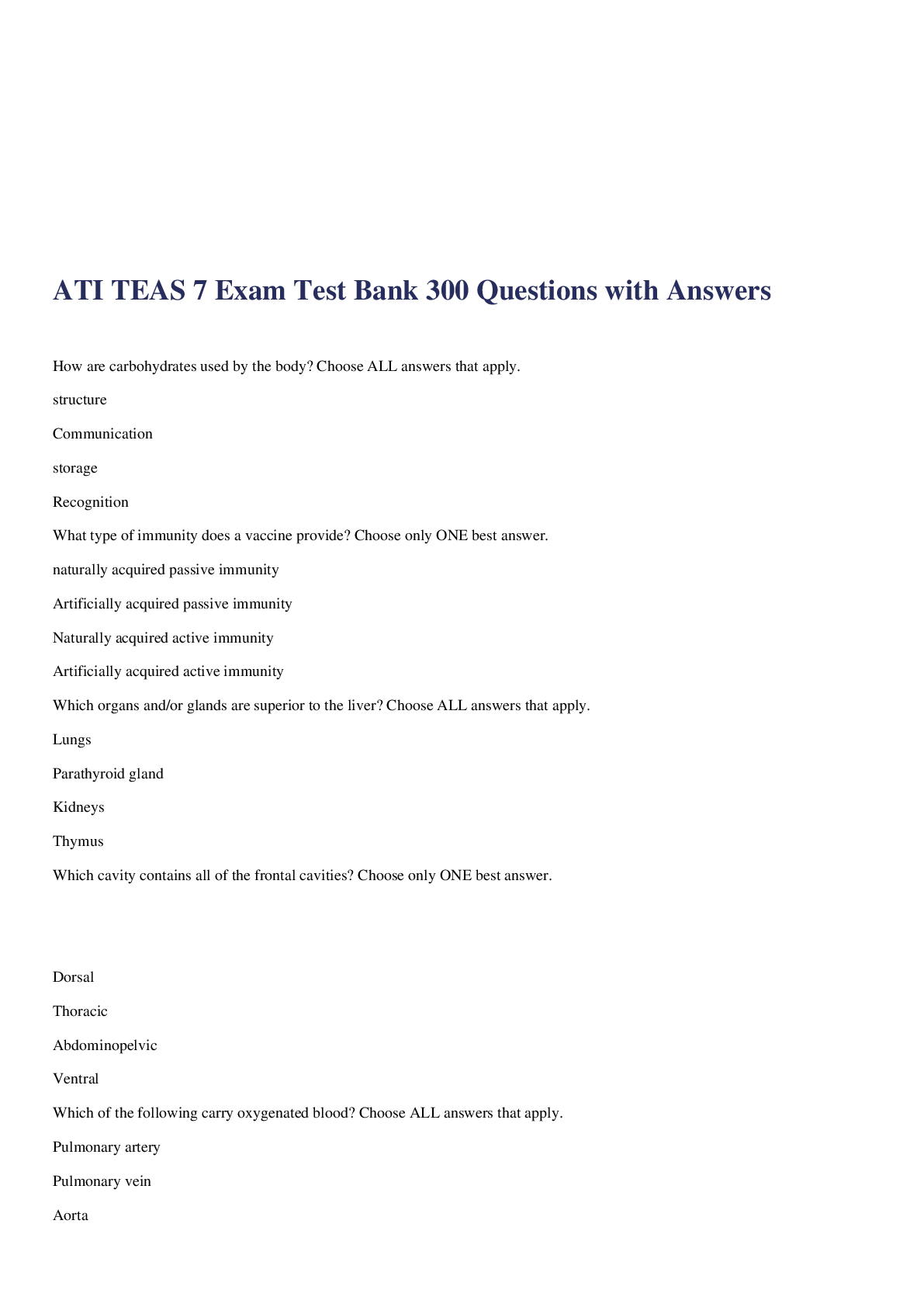 Preview image for ATI TEAS 7 Exam Test Bank 300 Questions with Answers