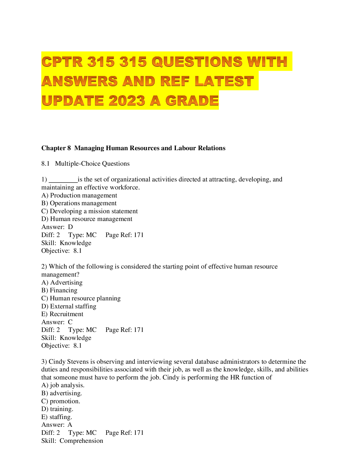 CPTR 315 315 QUESTIONS WITH ANSWERS AND REF LATEST UPDATE 2023 A GRA ...
