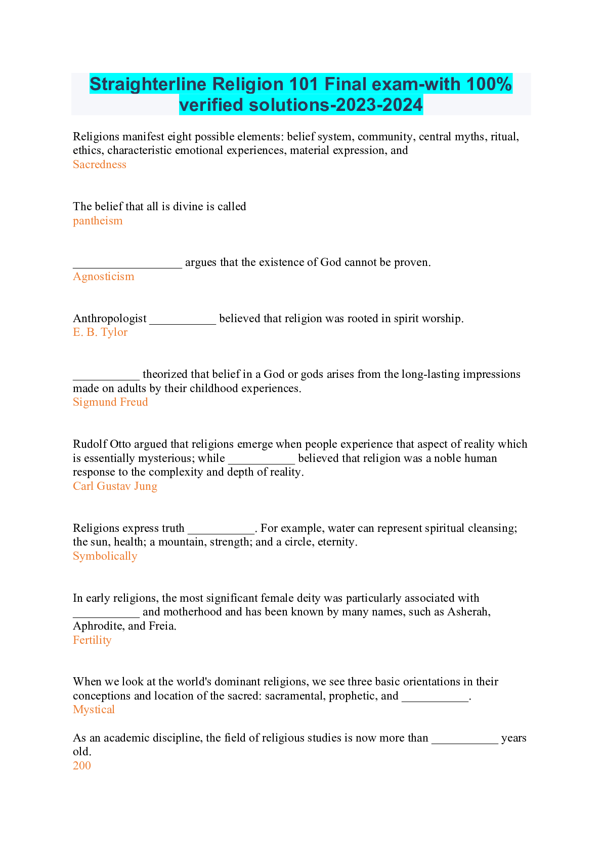 Preview image for Straighterline Religion 101 Final exam-with 100% verified solutions-2023-2024