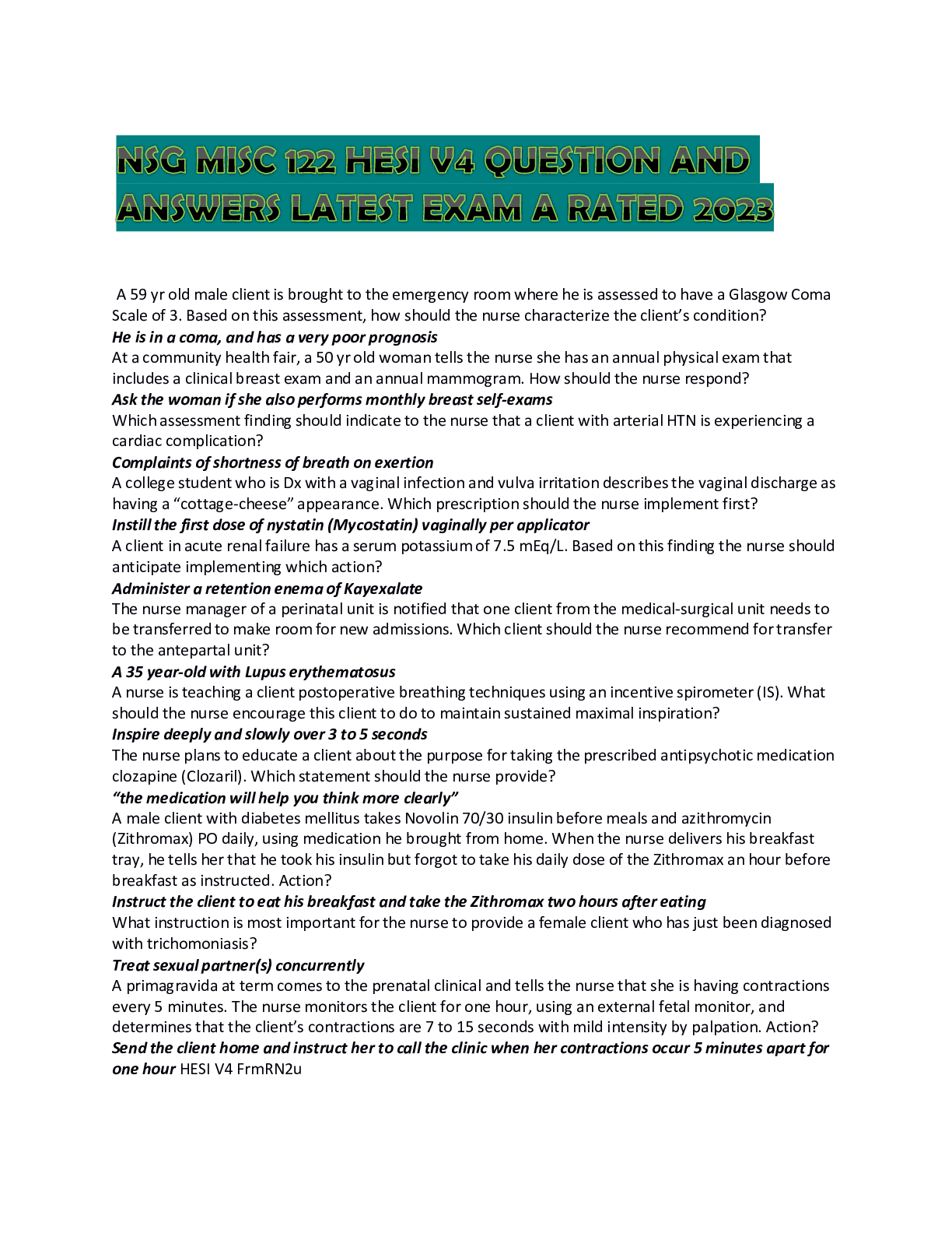 Preview of NSG MISC 122 HESI V4 QUESTION AND ANSWERS LATEST EXAM A RATED 2023