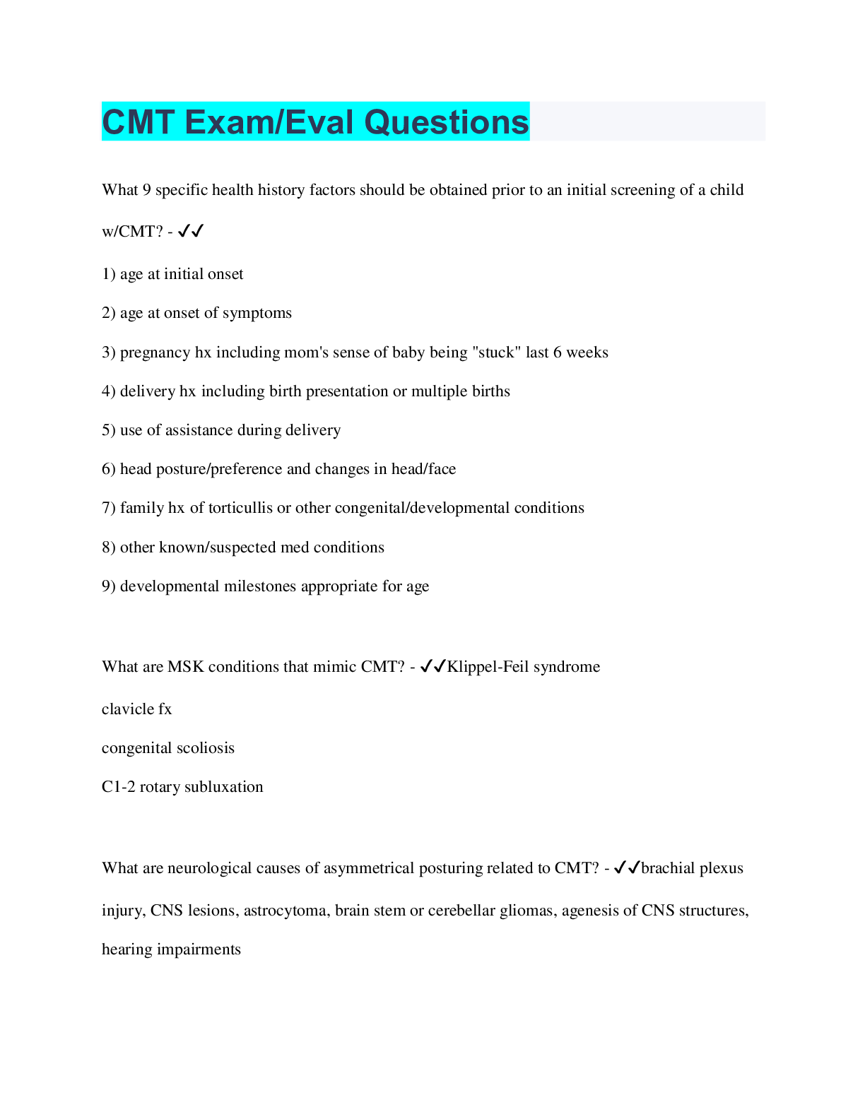 Preview image for CMT Exam/Eval Questions | 67 Questions with 100% Correct Answers | Verified