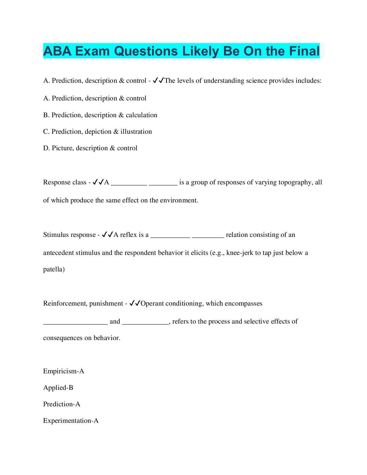 Preview image for ABA Exam Questions Likely Be On the Final | 139 Questions with 100% Correct Answers | Verified | 37 Pages