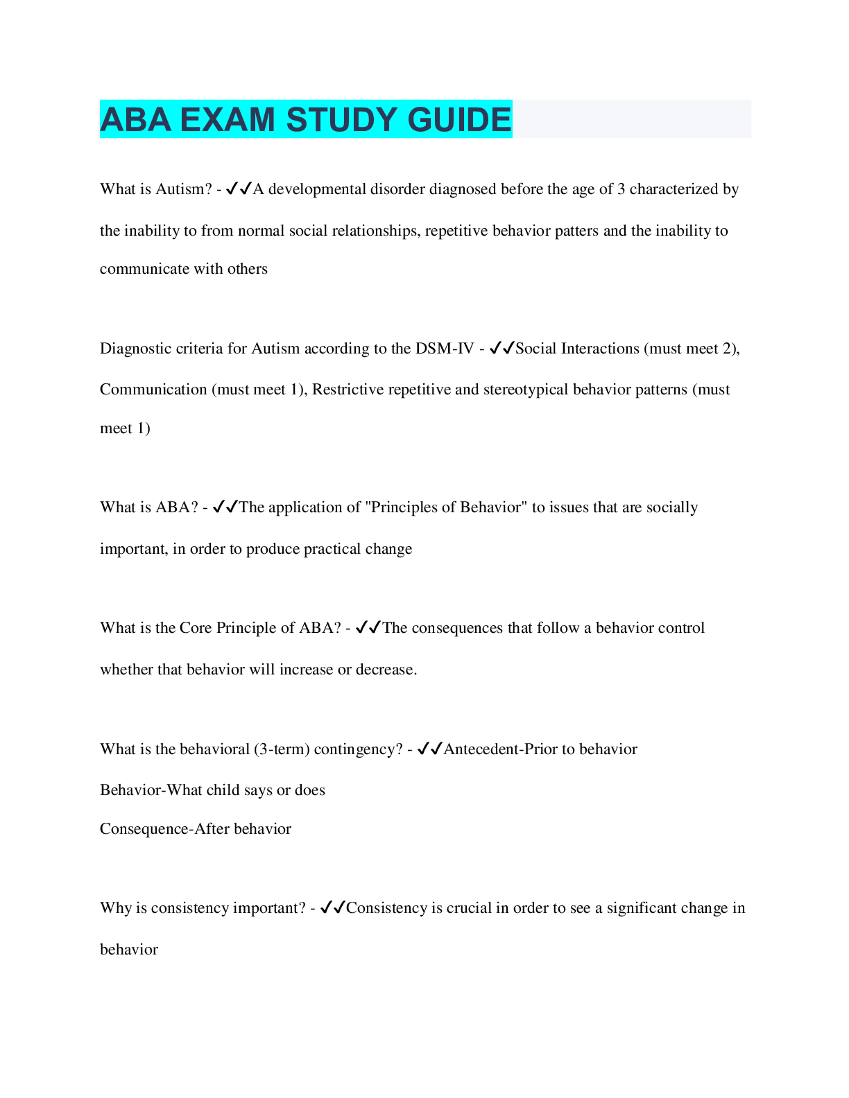 Preview image for ABA EXAM STUDY GUIDE | 50 Questions with 100% Correct Answers | Verified