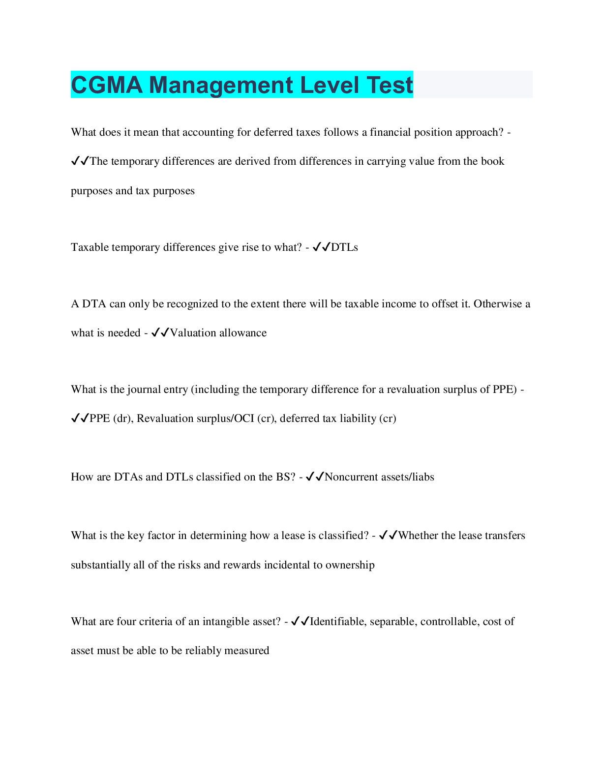 Preview image for CGMA Management Level Test | 130 Questions with 100% Correct Answers | Verified | 25 Pages