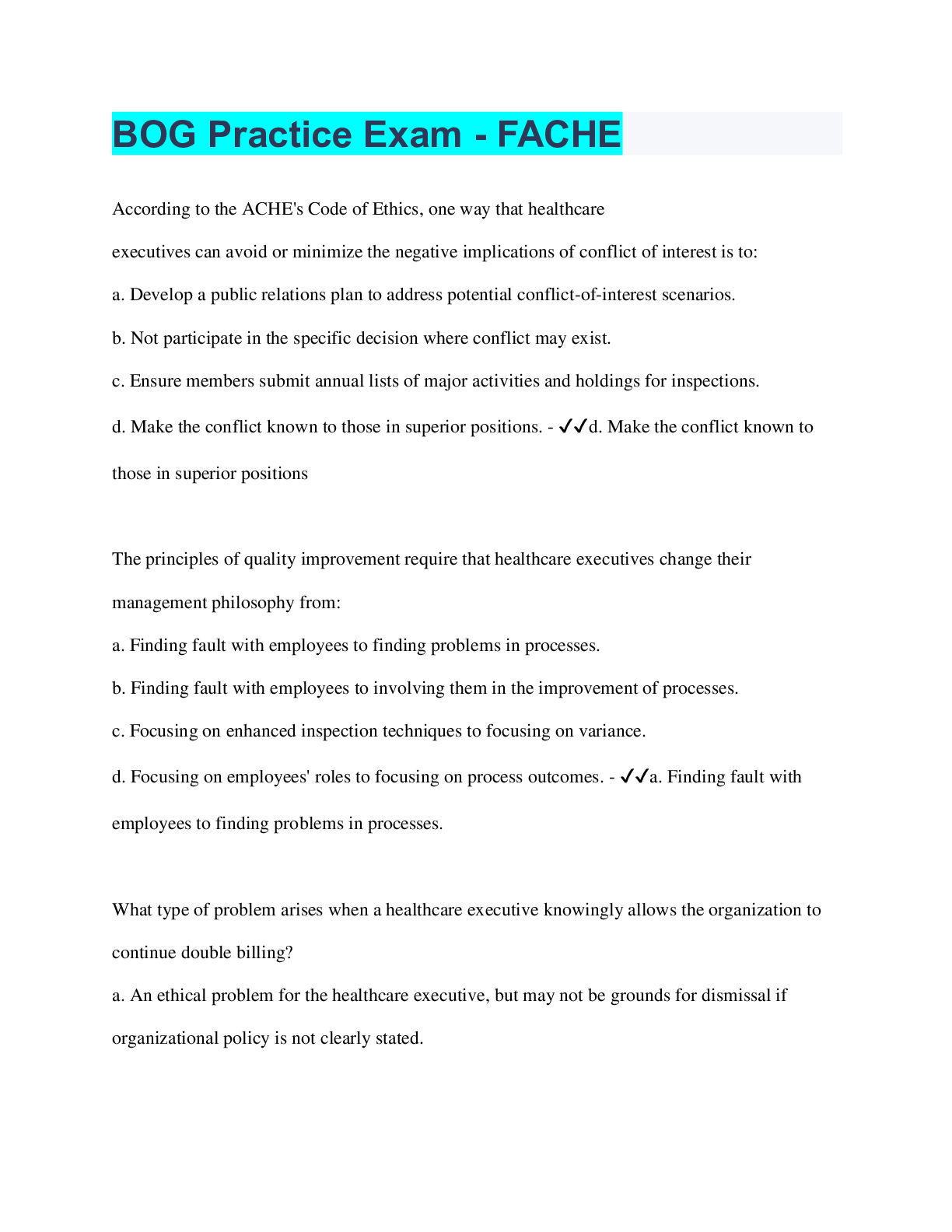 Preview image for BOG Practice Exam - FACHE | 230 Questions with 100% Correct Answers | Verified | 77 Pages