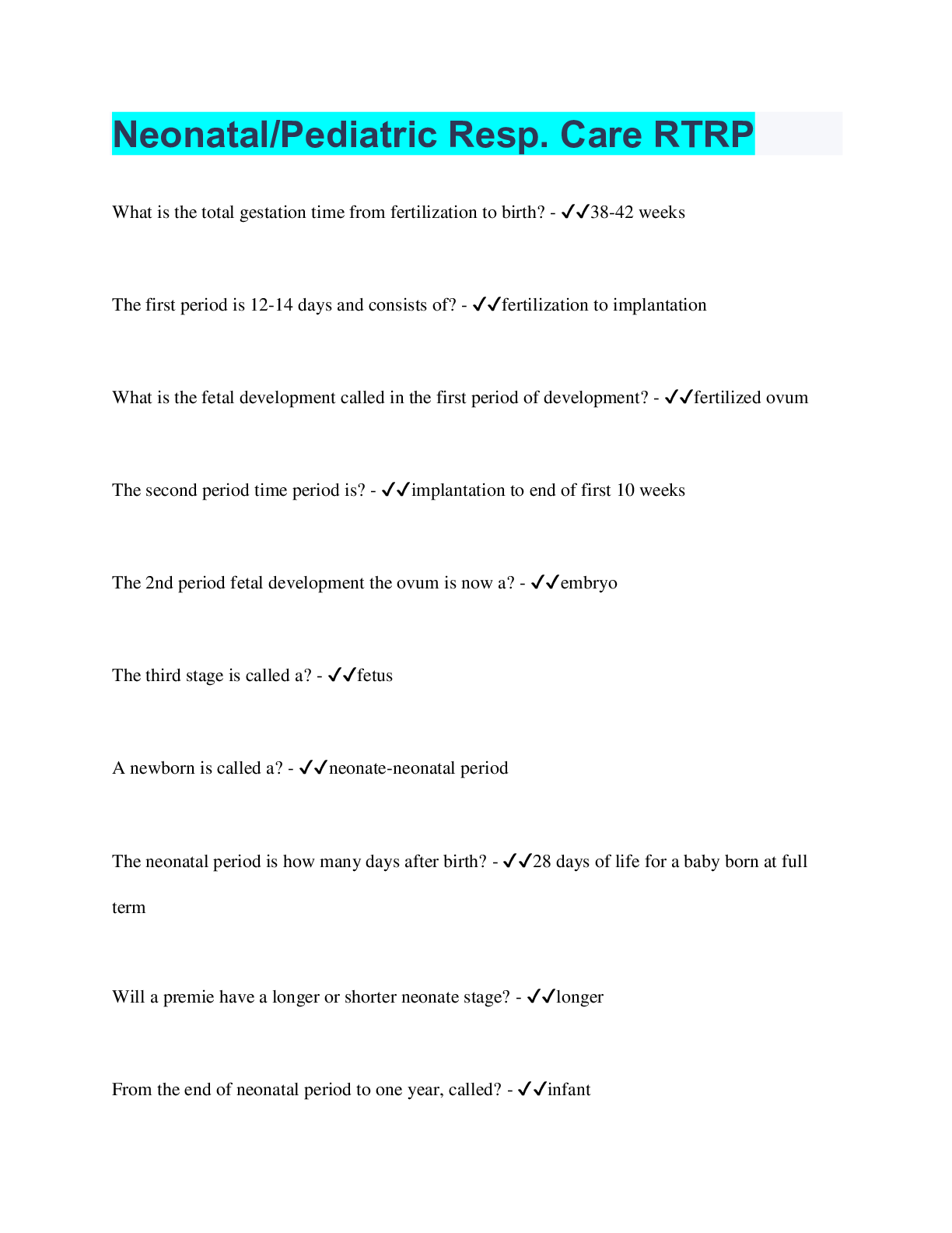 Preview image for Neonatal/Pediatric Resp. Care RTRP | 275 Questions with 100% Correct Answers | Verified | 33 Pages