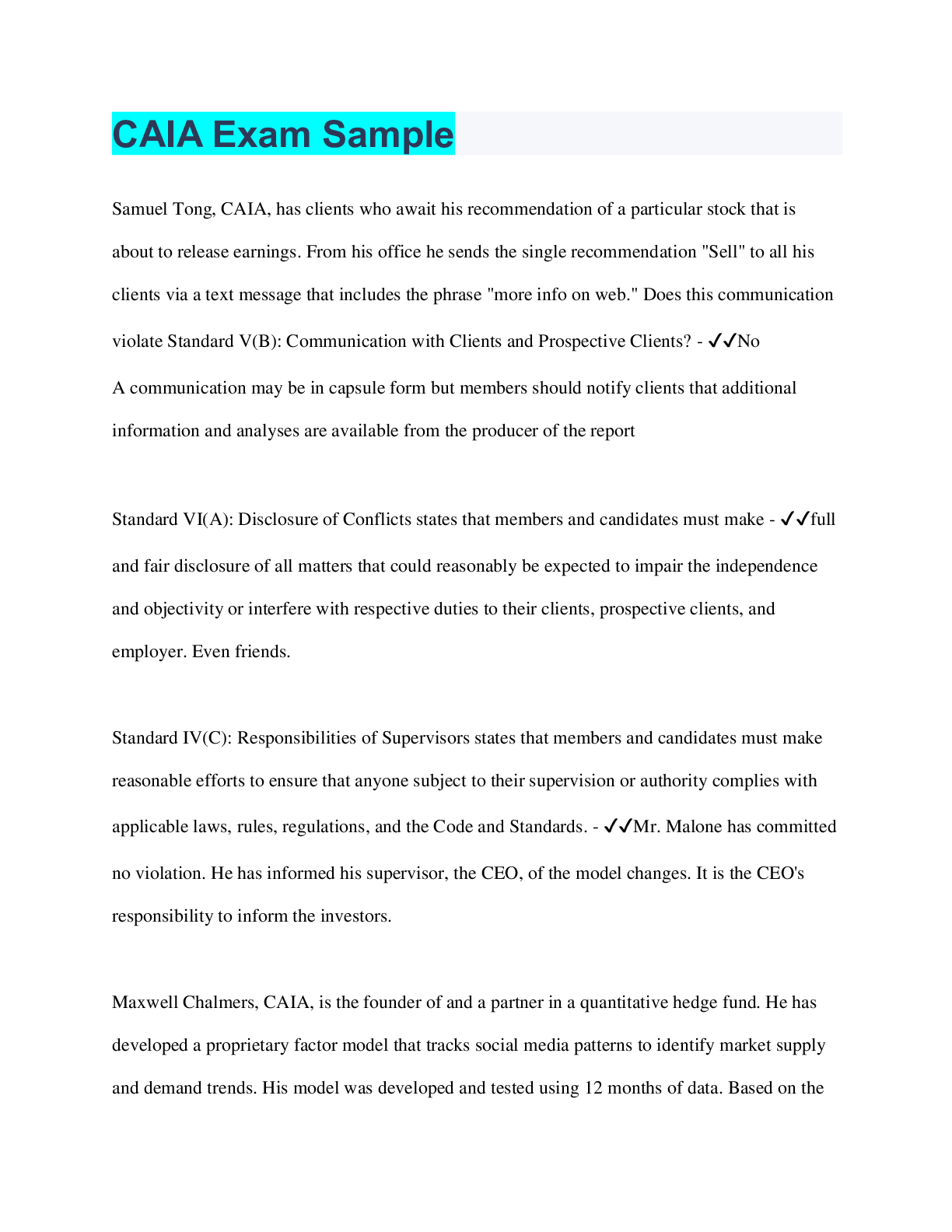 Preview image for CAIA Exam Sample  | 74 Questions with 100% Correct Answers | Verified | 22 Pages