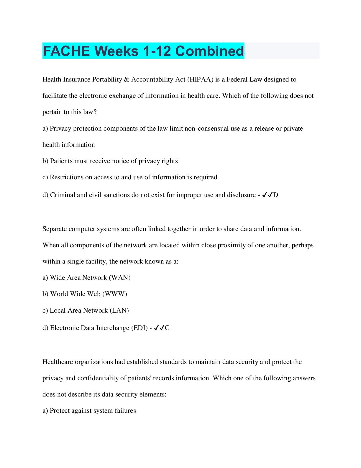 Preview image for FACHE Weeks 1-12 Combined | 304 Questions with 100% Correct Answers | Verified | 93 Pages