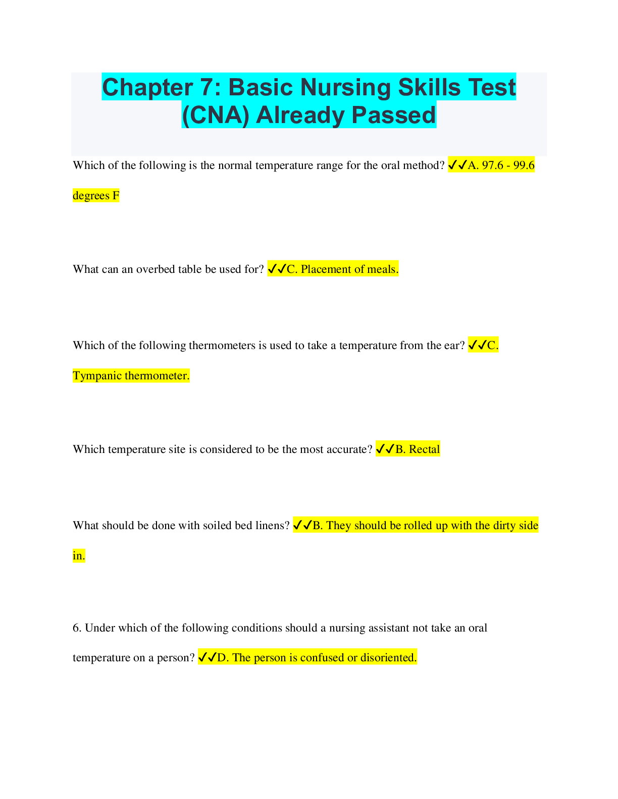Preview image of Chapter 7: Basic Nursing Skills Test (CNA) Already Passed document