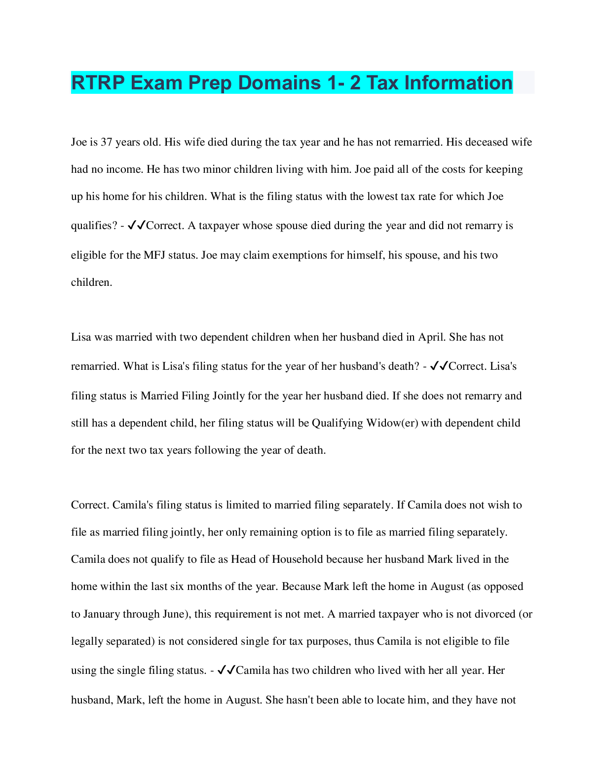 Preview image for RTRP Exam Prep Domains 1- 2 Tax Information | Questions with 100% Correct Answers | Verified