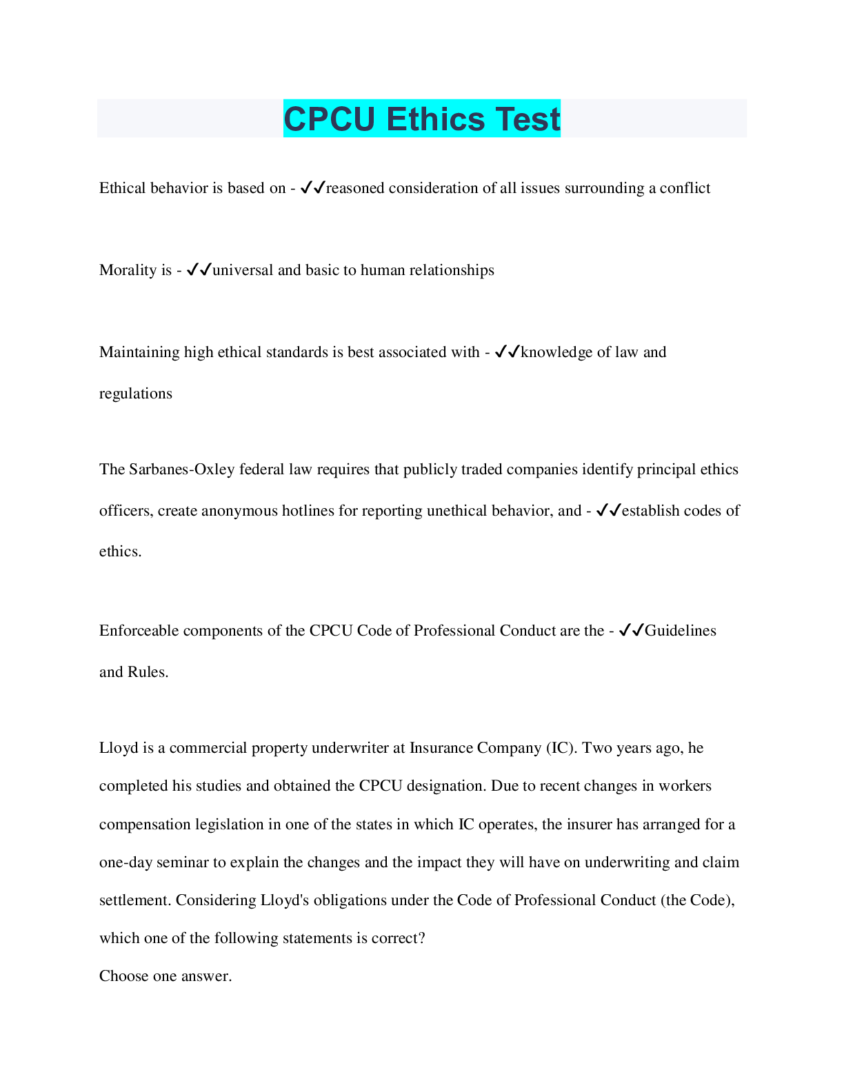 Preview image for CPCU Ethics Test | Questions with 100% Correct Answers | Verified | 44 Pages