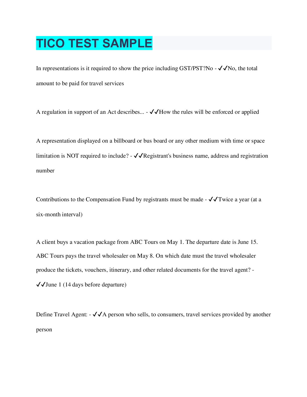 Preview image for TICO TEST SAMPLE | 50  Questions with 100% Correct Answers | Verified