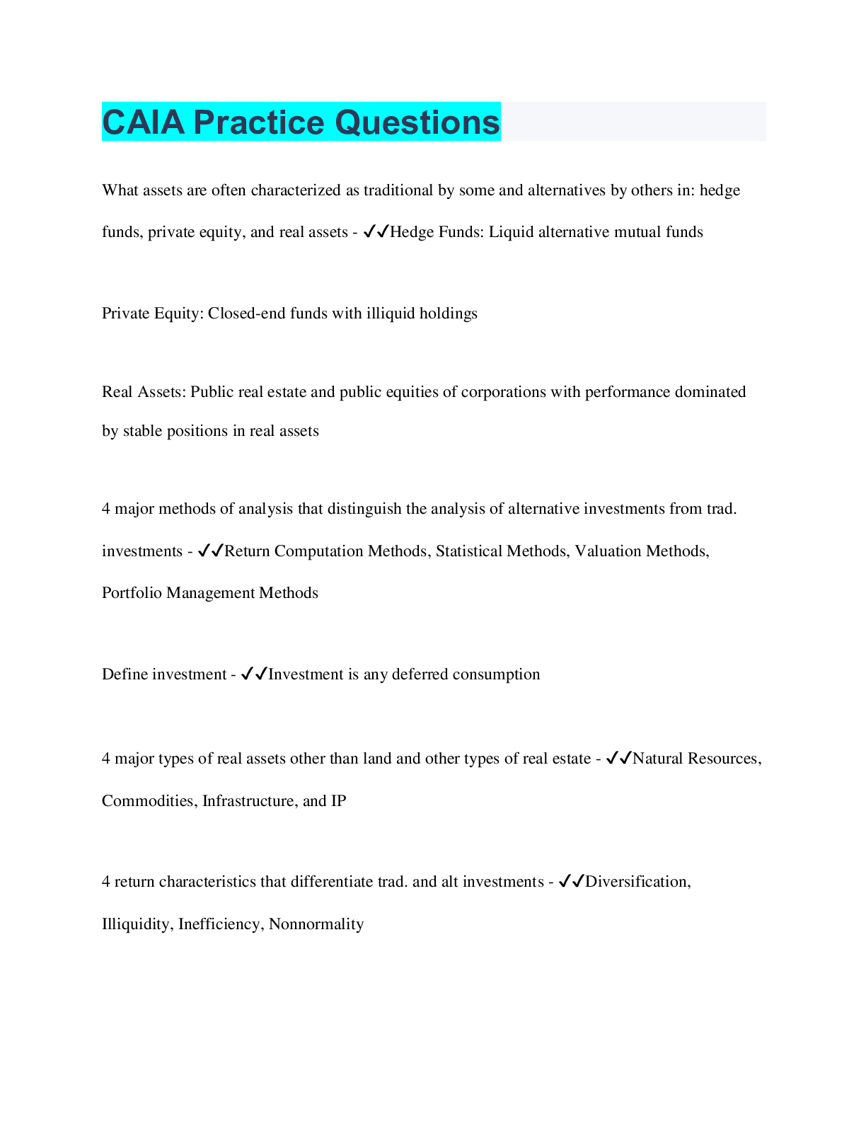 Preview image for CAIA Practice Questions | 111 Questions with 100% Correct Answers | Verified | 28 Pages