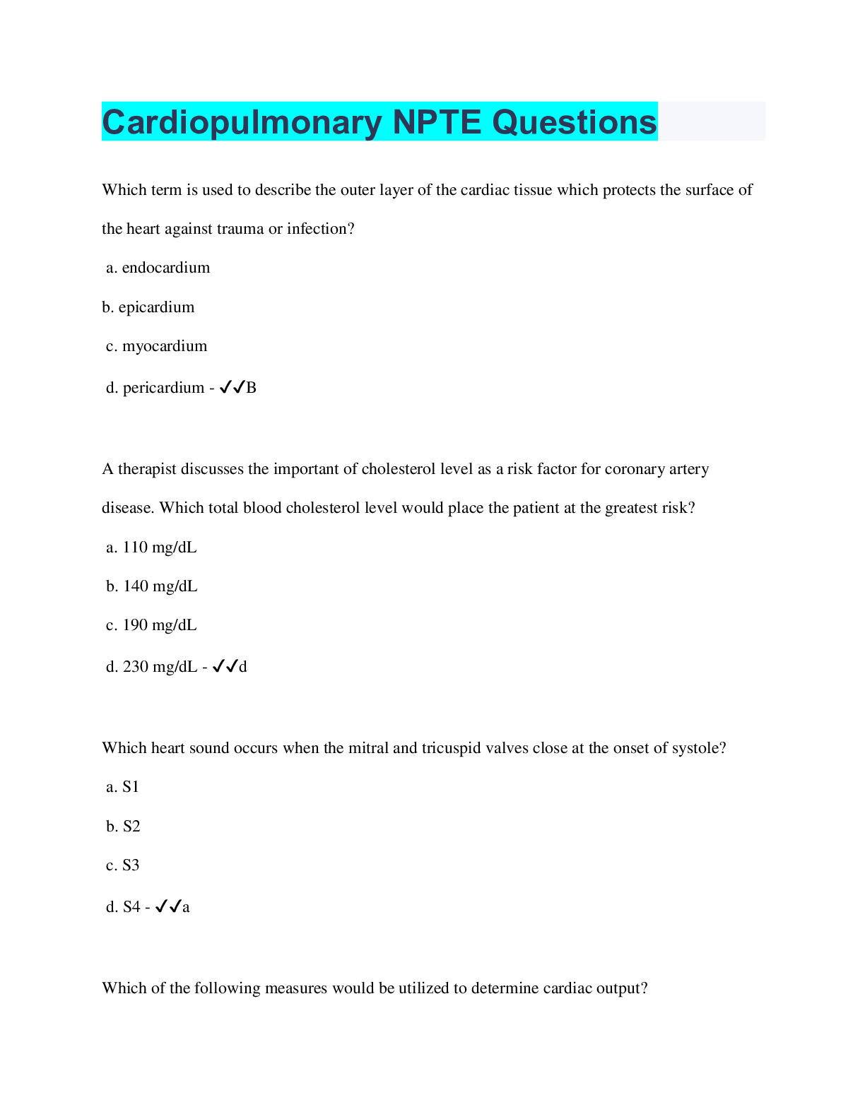 Preview image for Cardiopulmonary NPTE Questions | 104 Questions with 100% Correct Answers | Verified | 33 Pages