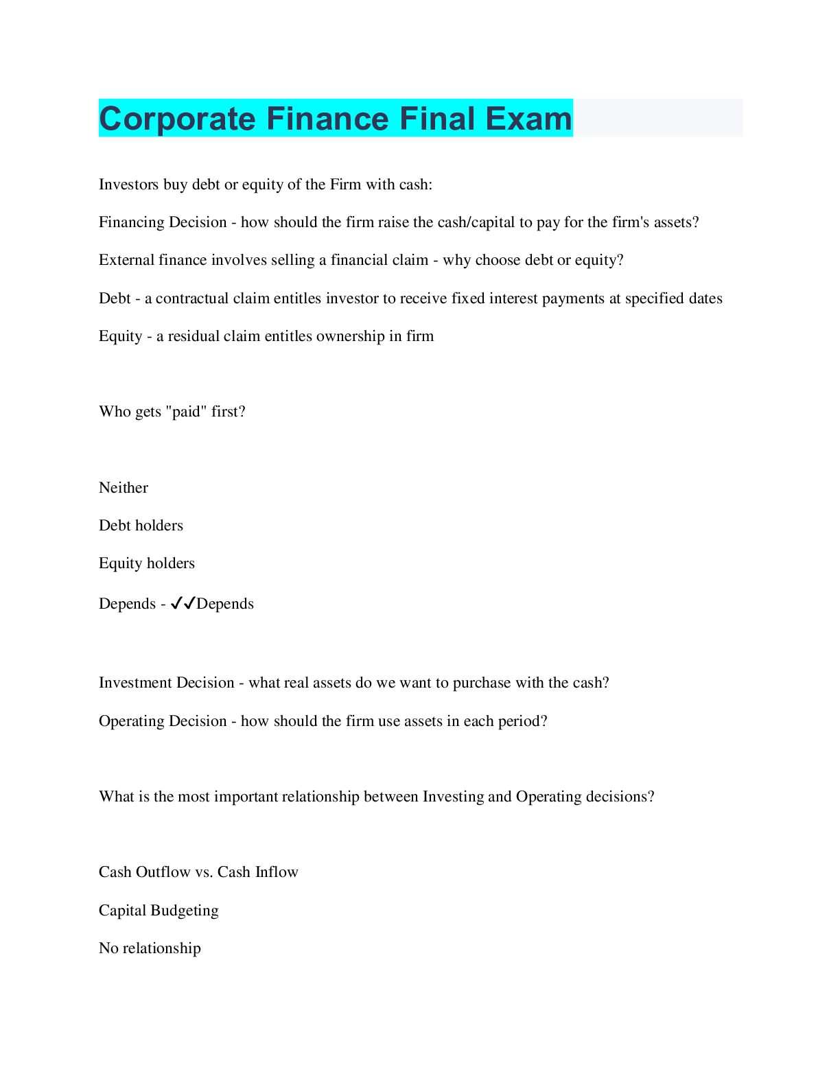 Preview image for Corporate Finance Final Exam | 167 Questions with 100% Correct Answers | Verified | 80 Pages