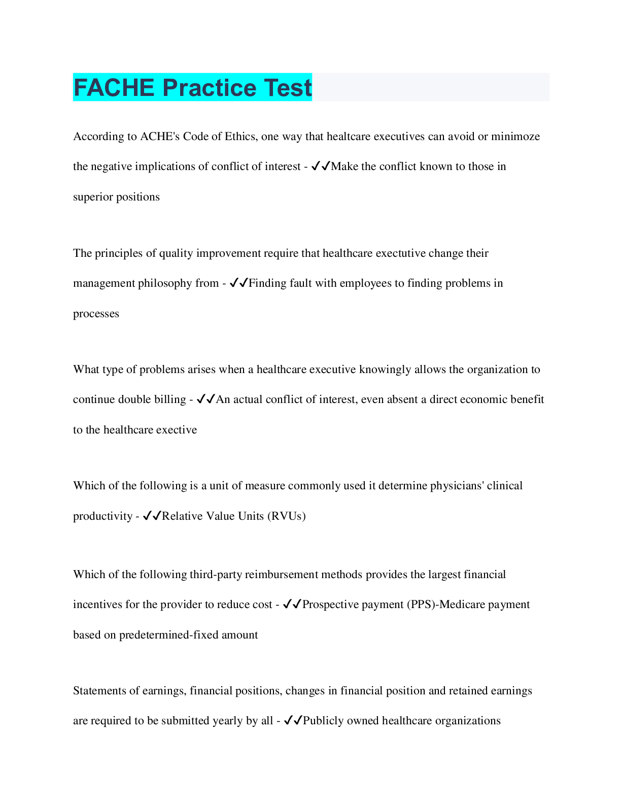 Preview image for FACHE Practice Test | 114 Questions with 100% Correct Answers | Verified