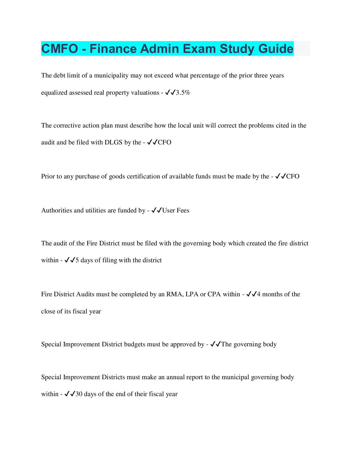 Preview image for CMFO - Finance Admin Exam Study Guide | 208 Questions with 100% Correct Answers | Verified | 27 Pages