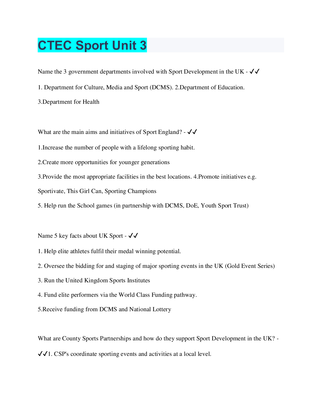 Preview image for CTEC Sport Unit 3 | Questions with 100% Correct Answers | Verified