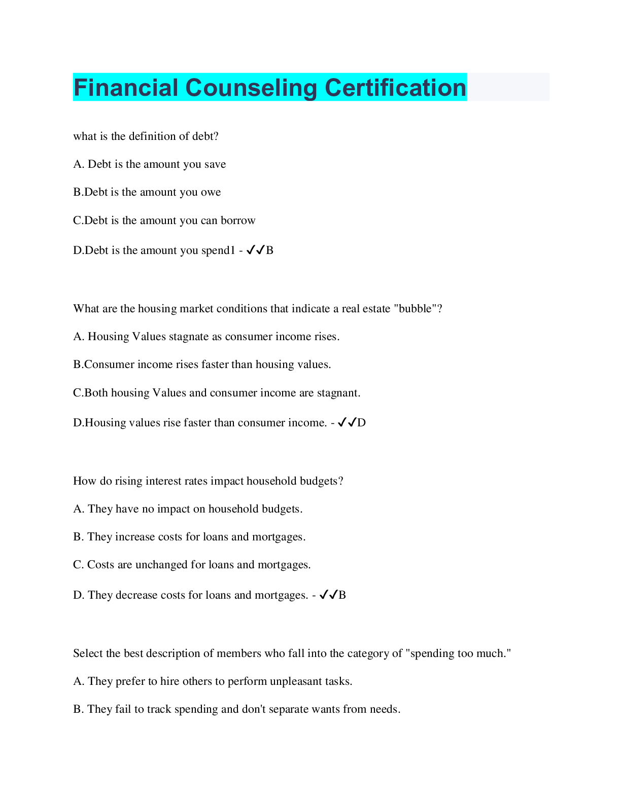 Preview image for Financial Counseling Certification | Questions with 100% Correct Answers | Verified
