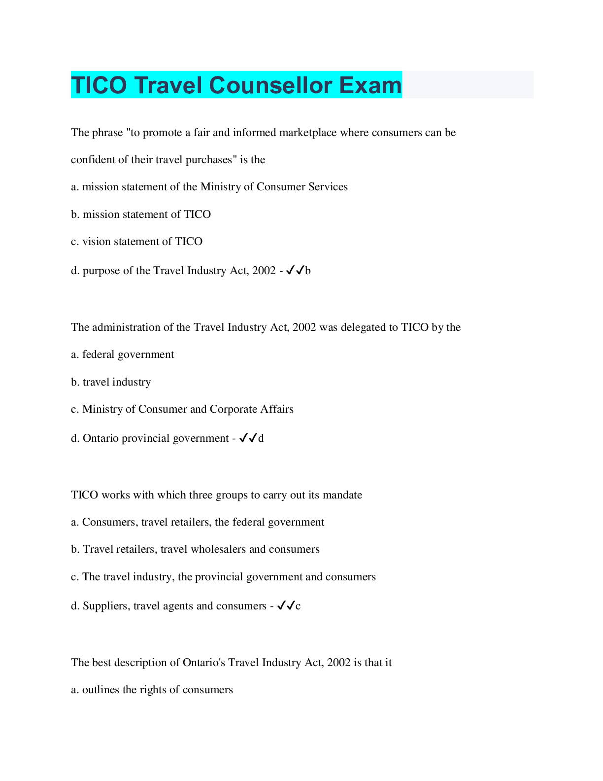 Preview image for TICO Travel Counsellor Exam | Questions with 100% Correct Answers | Verified