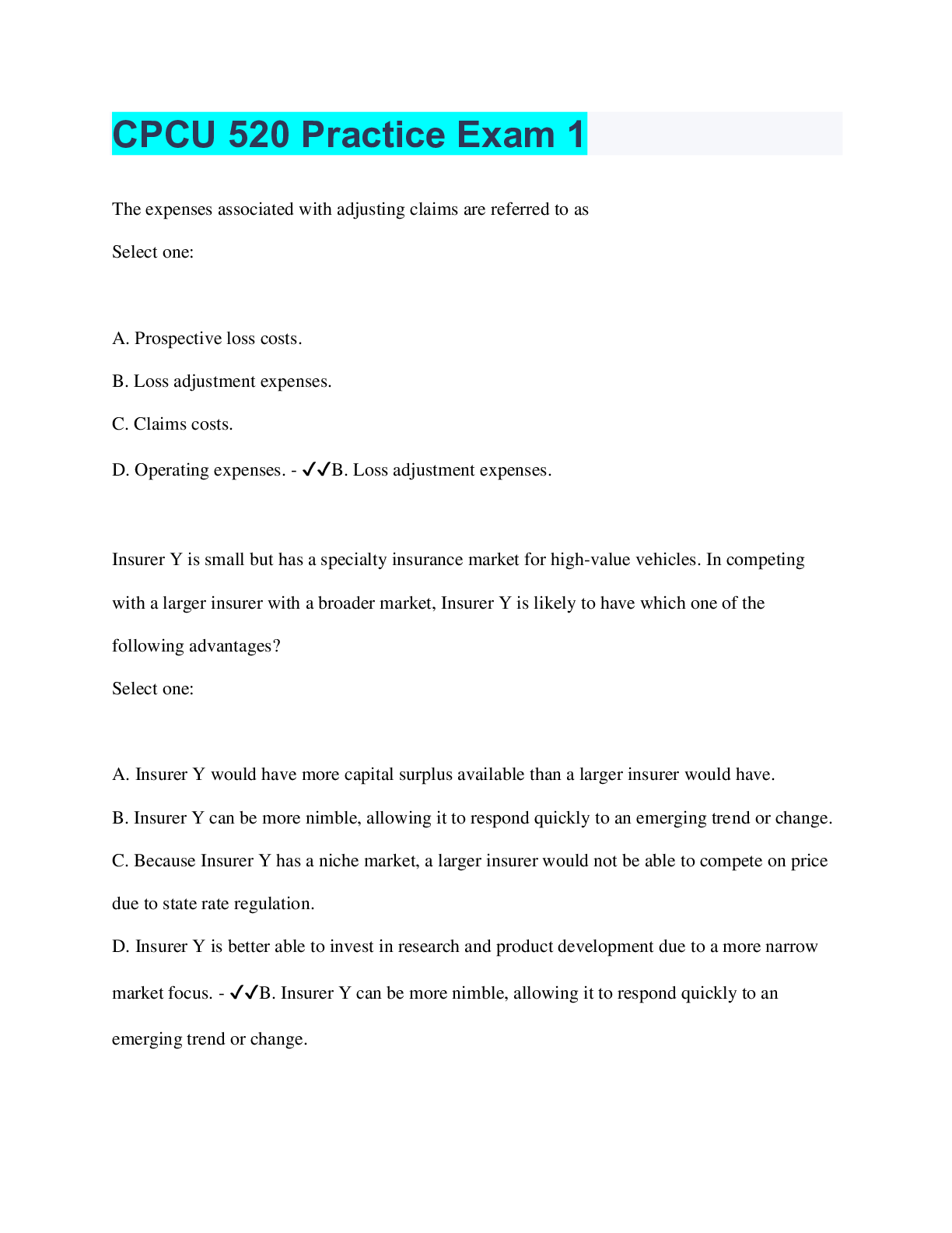 Preview image for CPCU 520 Practice Exam 1 | 75 Questions with 100% Correct Answers | Verified | 35 Pages