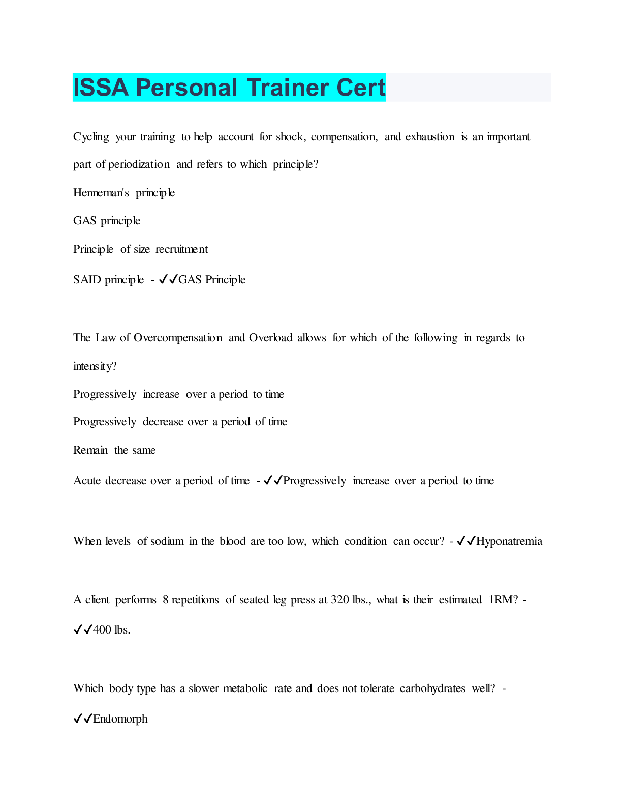 Preview of ISSA Personal Trainer Cert  | 40 Questions with 100% Correct Answers | Verified