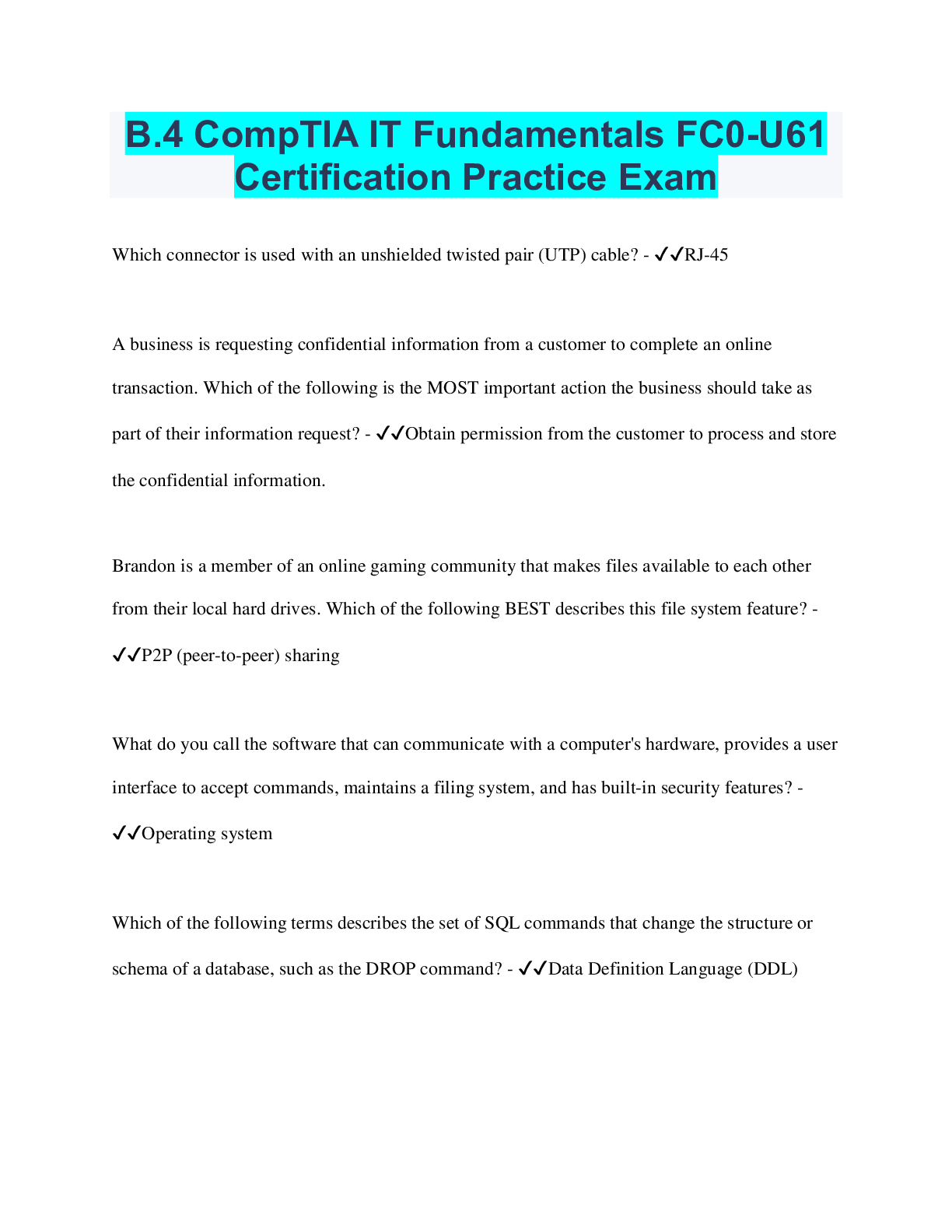Preview image for B.4 CompTIA IT Fundamentals FC0-U61 Certification Practice Exam | 75 Questions with 100% Correct Answers | Verified