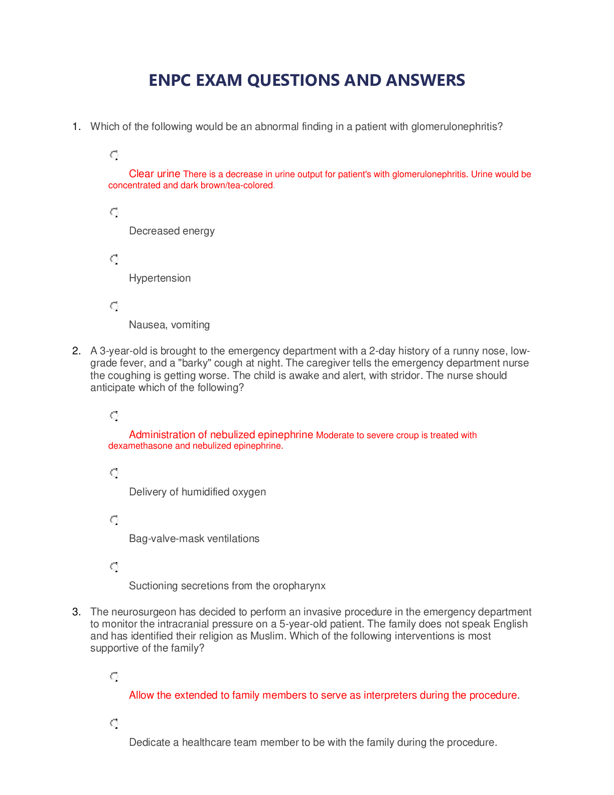 Preview image for ENPC EXAM QUESTIONS AND ANSWERS/ ENPC 2023 UPDATED VERSION OF THE EXAM/ ENPC EXAM CORRECT ANSWERS
